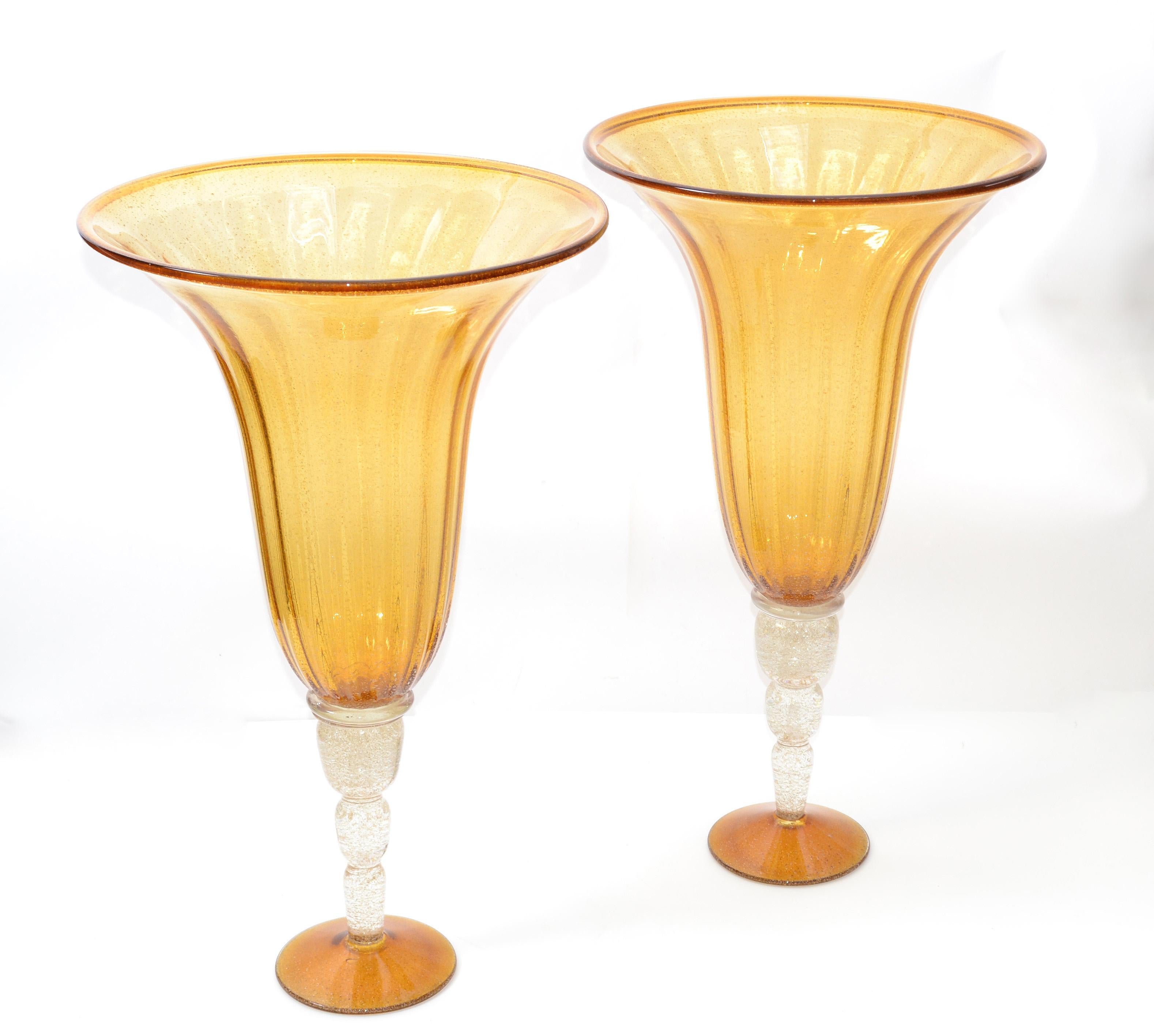 Amber & Clear Infused Gold Dust Venetian Blown Murano Art Glass Flower Vases, 2 4