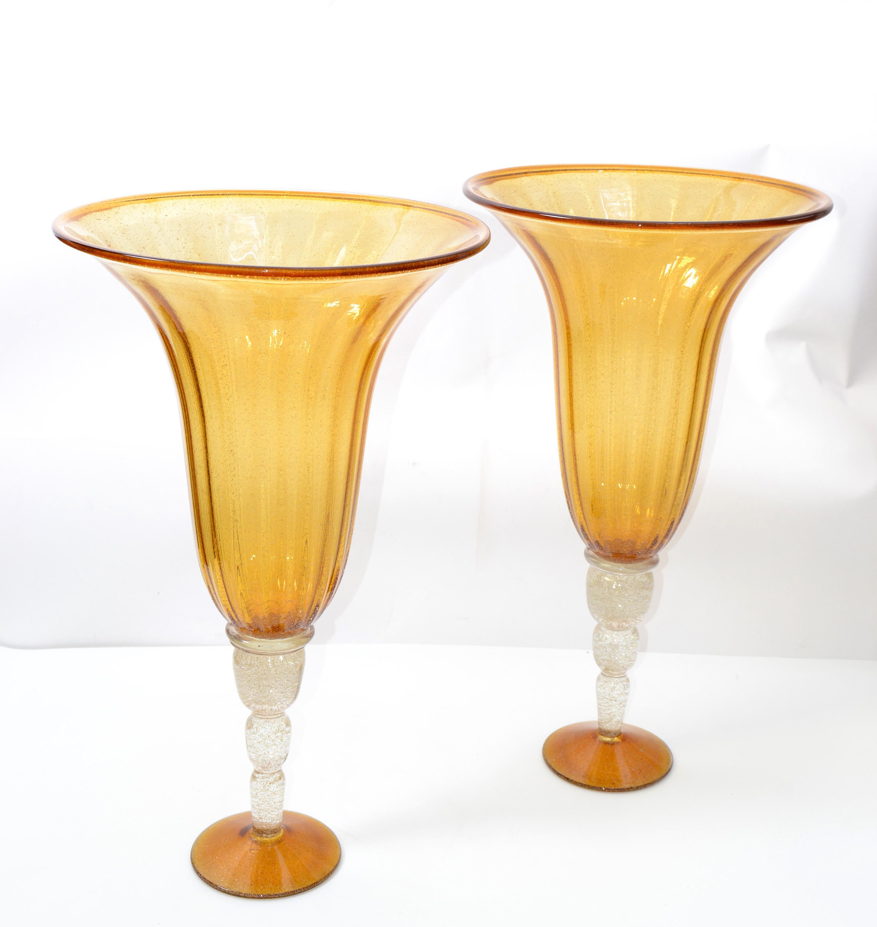 Amber & Clear Infused Gold Dust Venetian Blown Murano Art Glass Flower Vases, 2 5