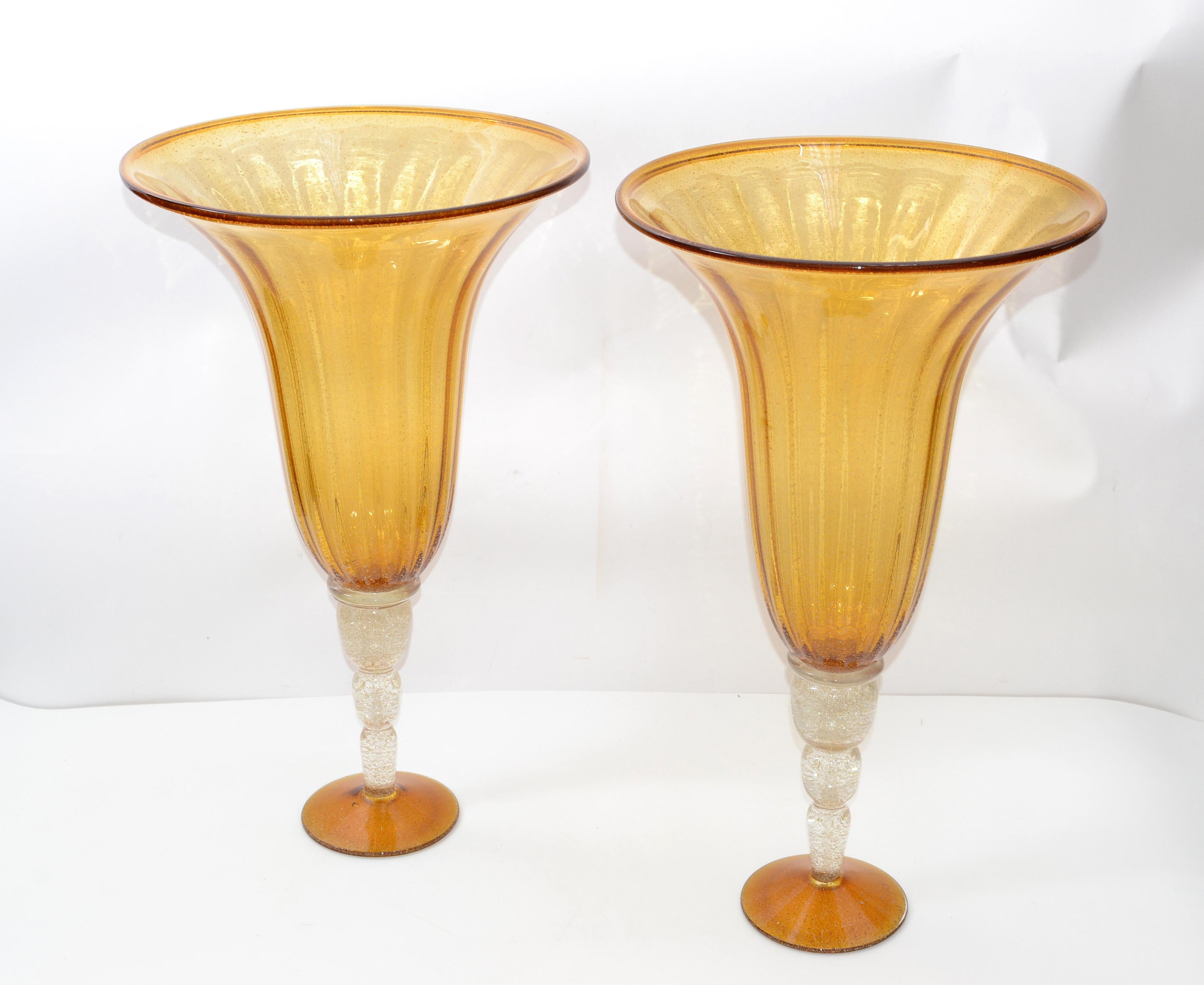 Mid-Century Modern Amber & Clear Infused Gold Dust Venetian Blown Murano Art Glass Flower Vases, 2