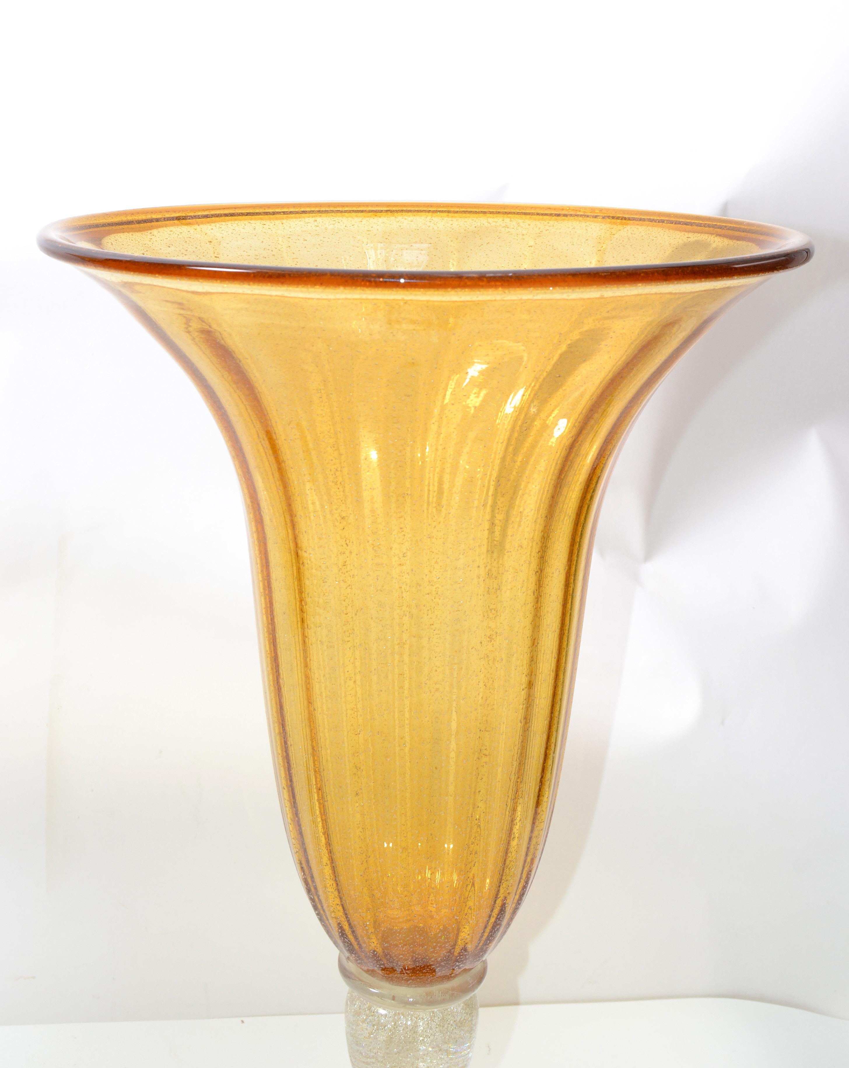 Italian Amber & Clear Infused Gold Dust Venetian Blown Murano Art Glass Flower Vases, 2