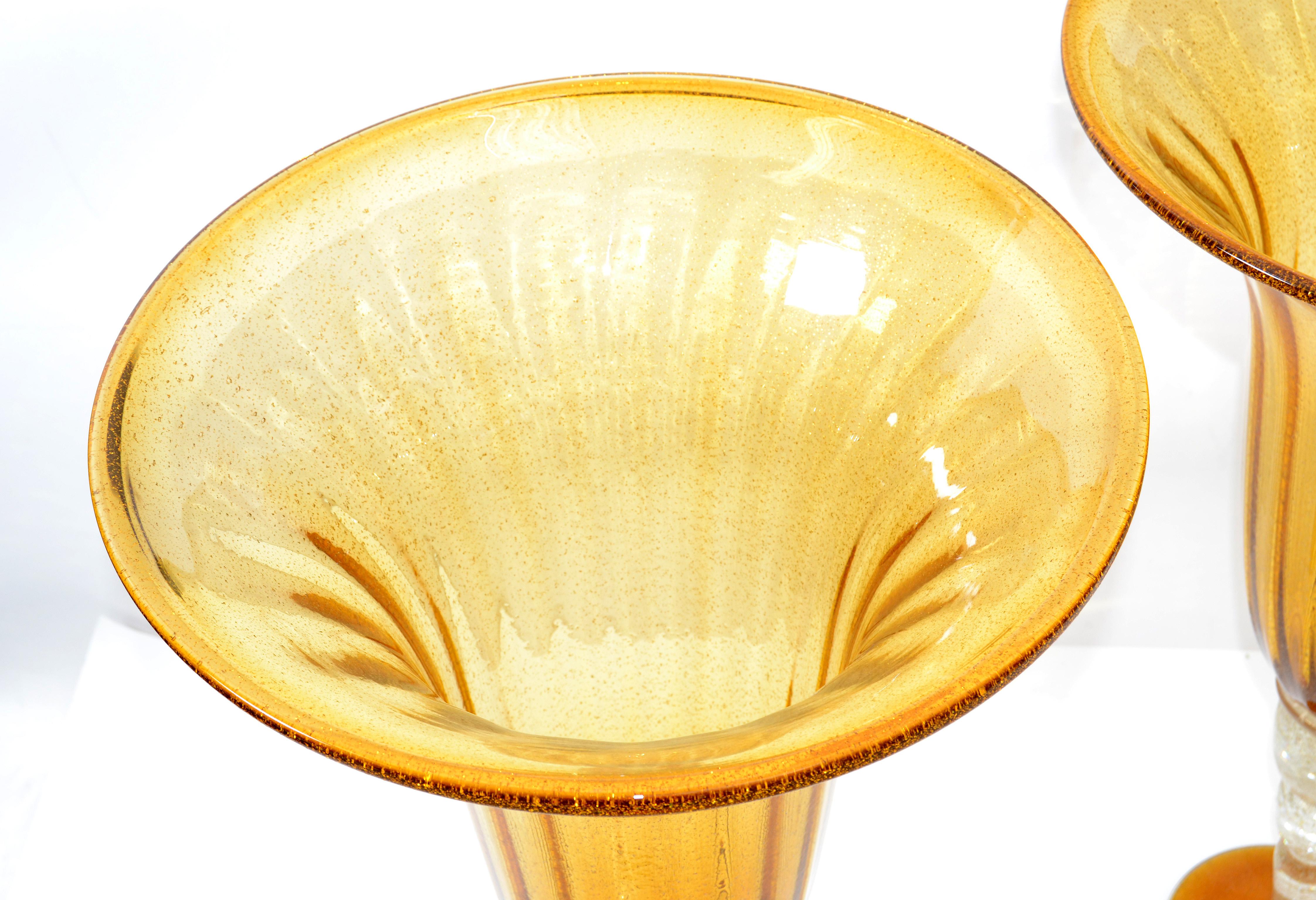 Hand-Crafted Amber & Clear Infused Gold Dust Venetian Blown Murano Art Glass Flower Vases, 2