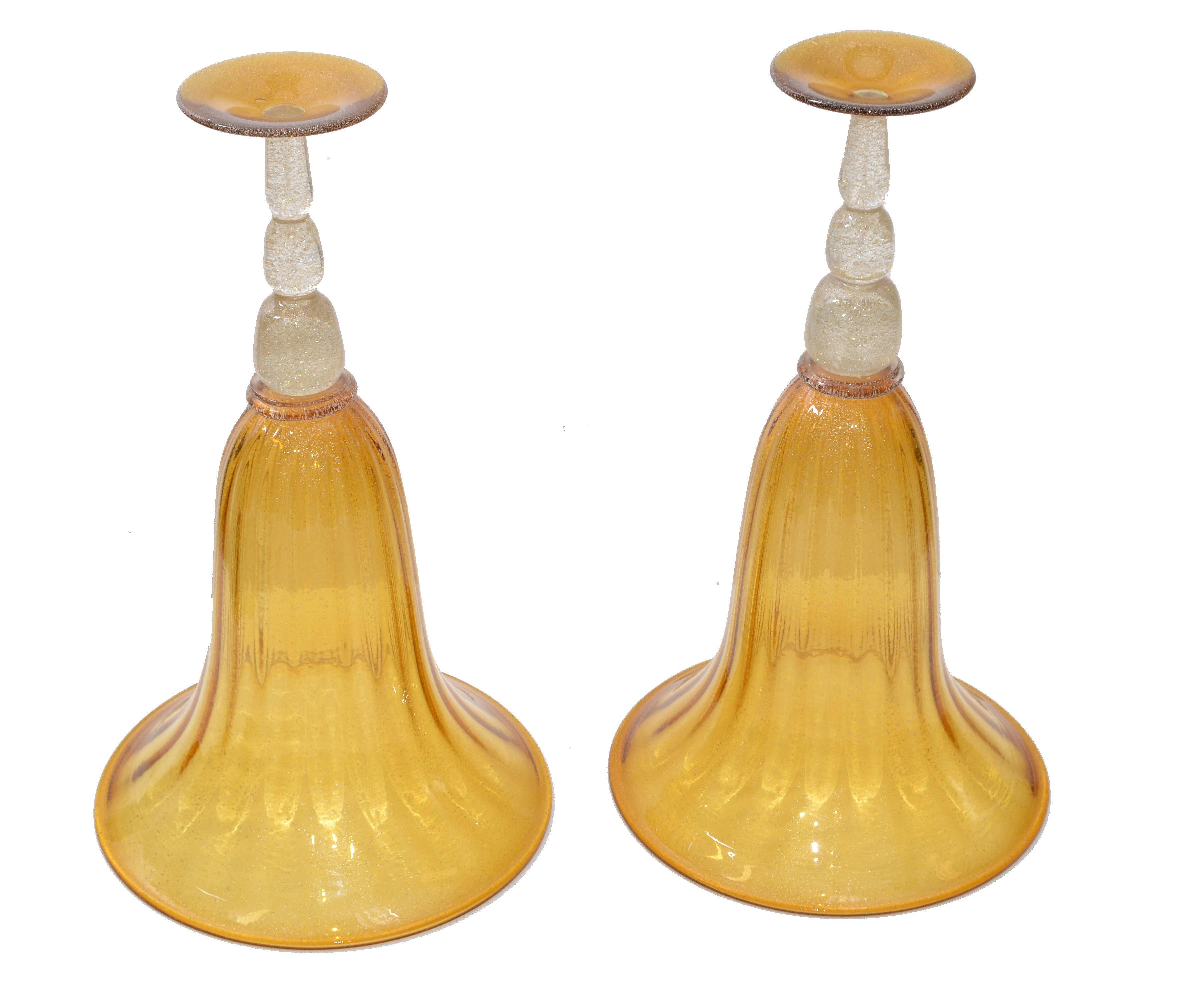 Late 20th Century Amber & Clear Infused Gold Dust Venetian Blown Murano Art Glass Flower Vases, 2