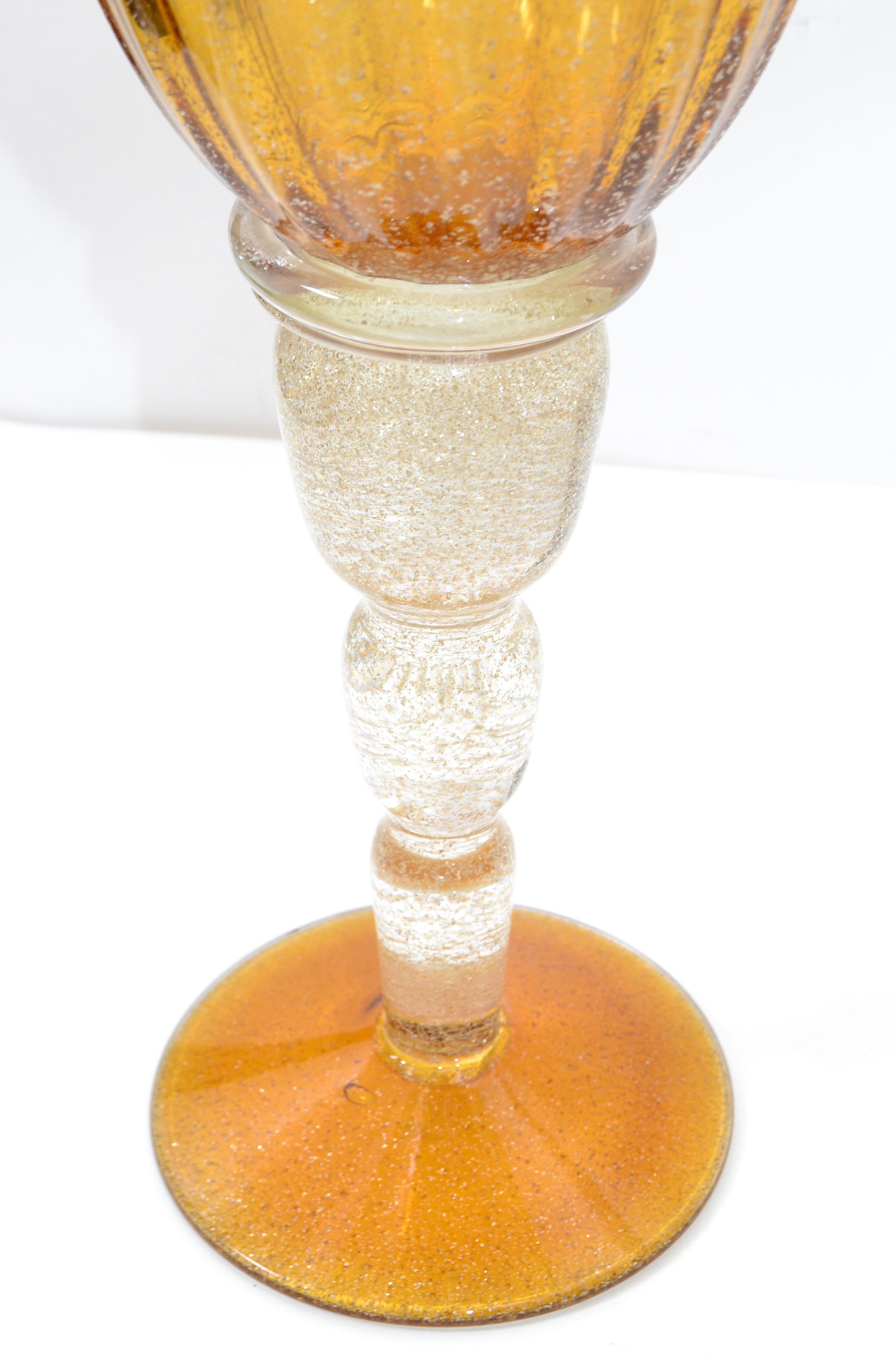 Blown Glass Amber & Clear Infused Gold Dust Venetian Blown Murano Art Glass Flower Vases, 2