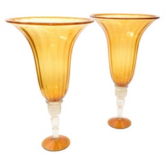 Amber & Clear Infused Gold Dust Venetian Blown Murano Art Glass Flower Vases, 2