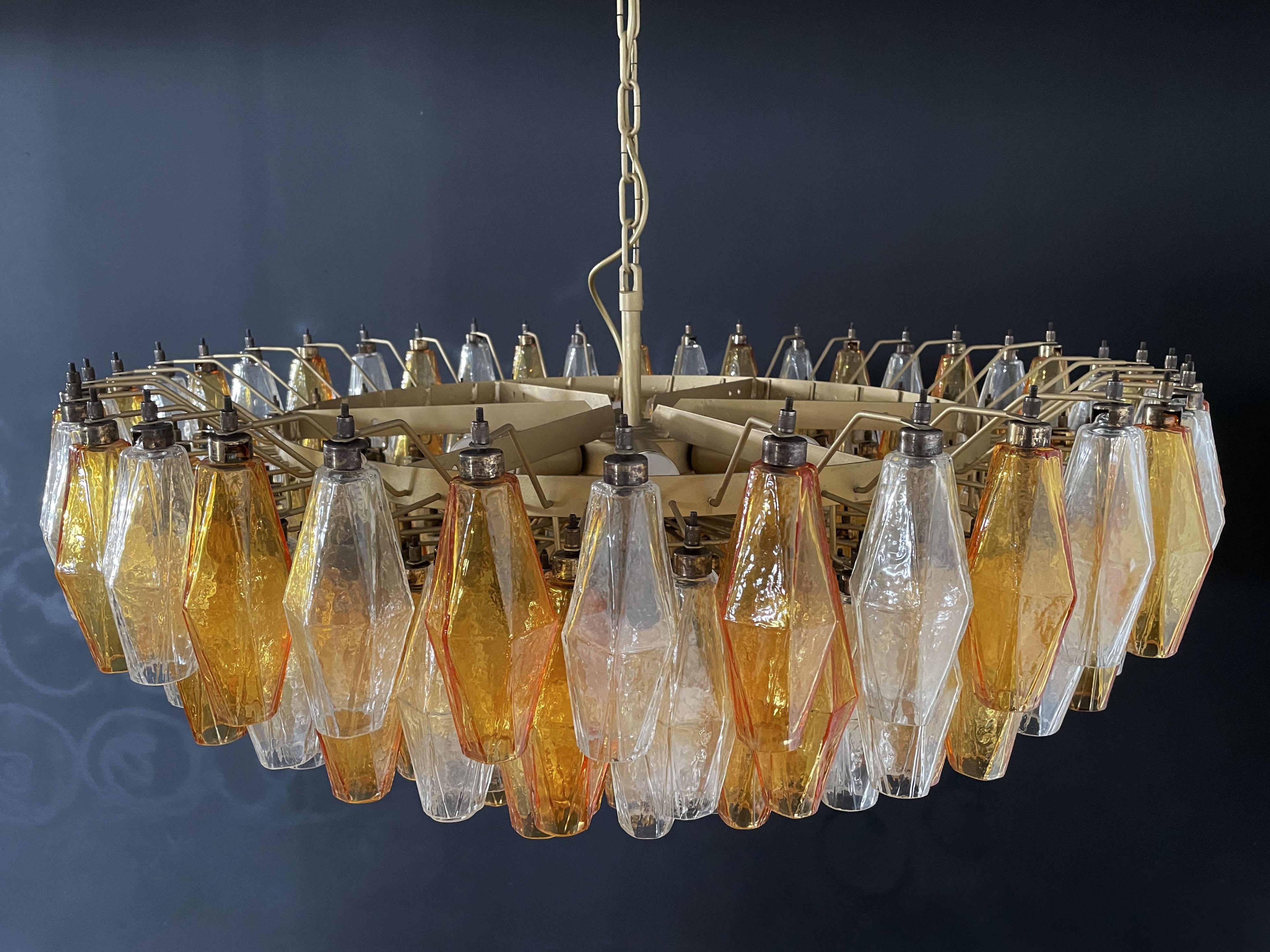Galvanized Amber & Clear POLIEDRI Murano Glass Chandelier For Sale