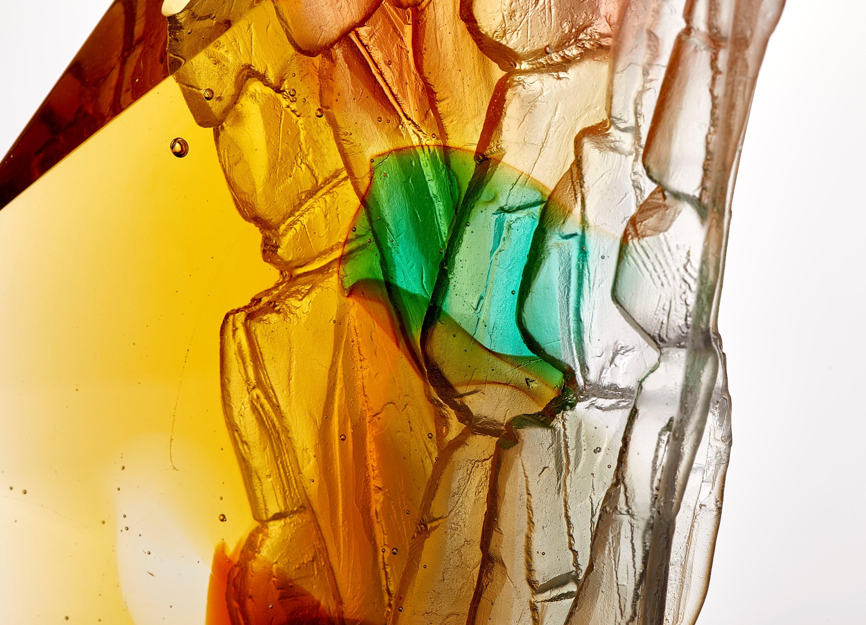 Organic Modern Amber Cliff, dark amber & green cliff inspired glass sculpture by Crispian Heath