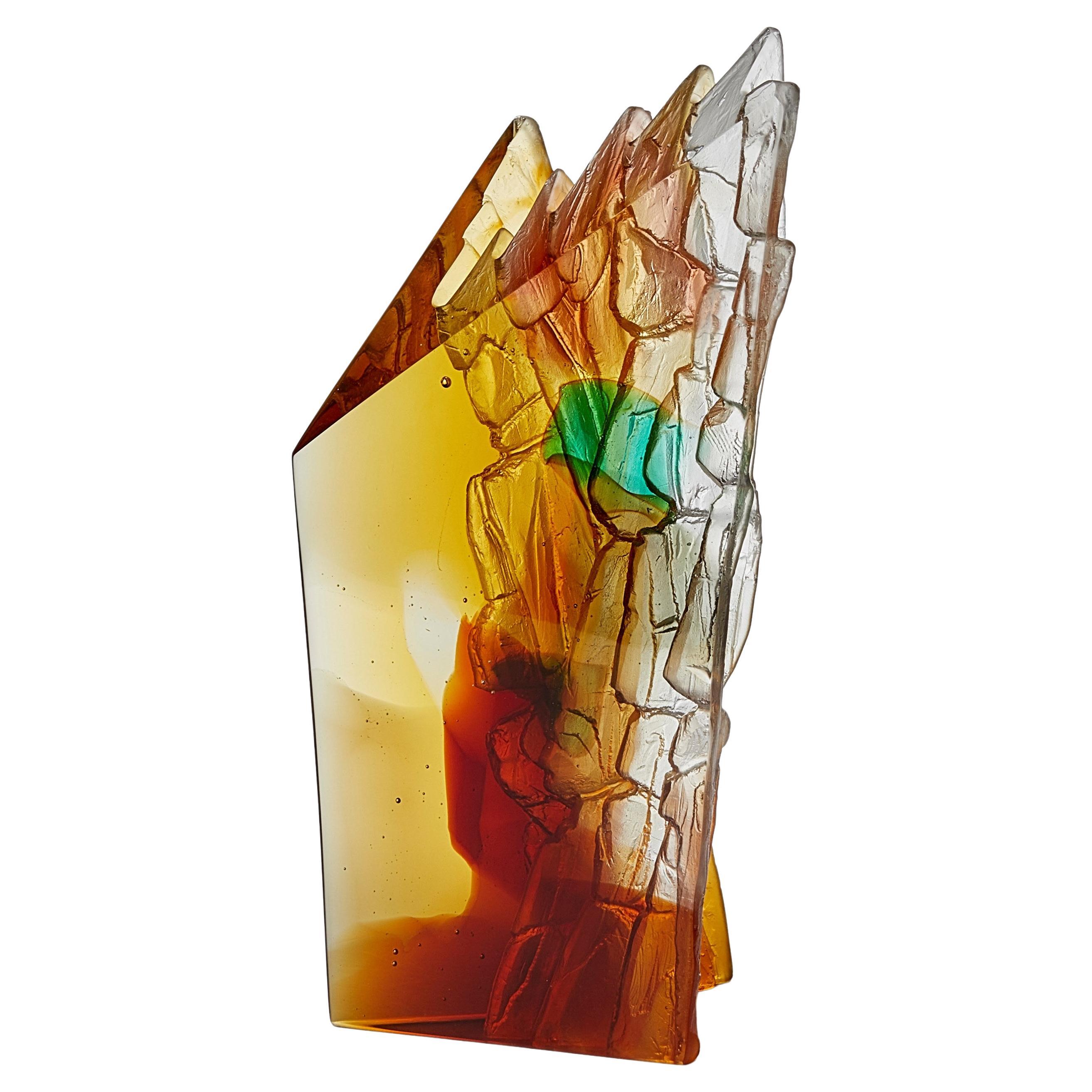 Amber Cliff, dark amber & green cliff inspired glass sculpture by Crispian Heath