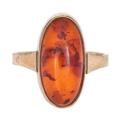 Amber Cocktail Ring Vintage 14k Yellow Gold Oval Estate Fine Jewelry