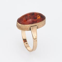 Amber Cocktail Ring Vintage 14k Yellow Gold Oval Estate Fine Jewelry
