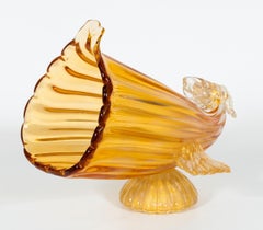 Iridescent Amber Cornucopia Sculpture Vase in Blown Murano Glass 1990s Italy