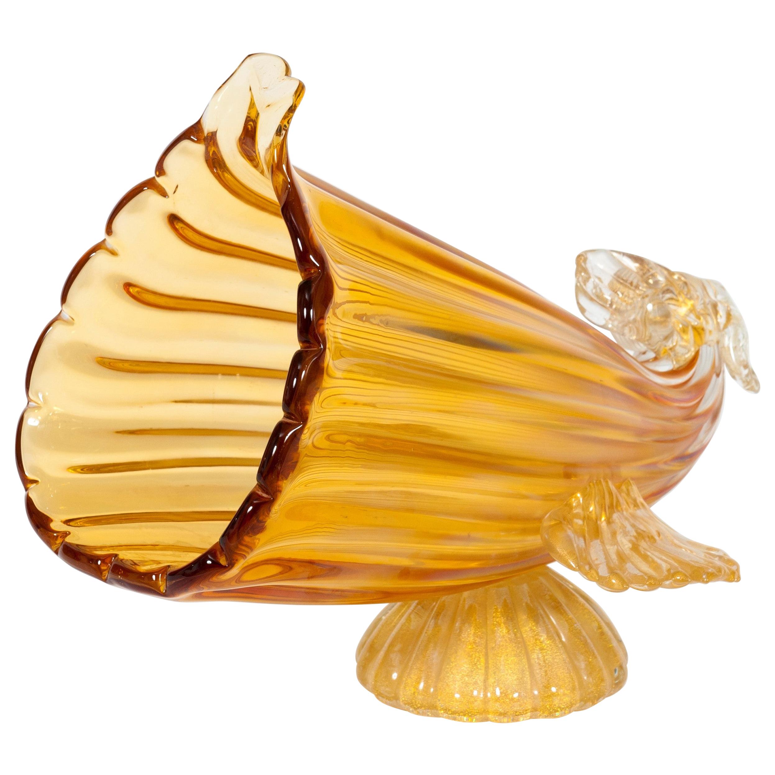 Sculpture de corne d'abondance couleur ambre en verre de Murano soufflé 1990, Italie