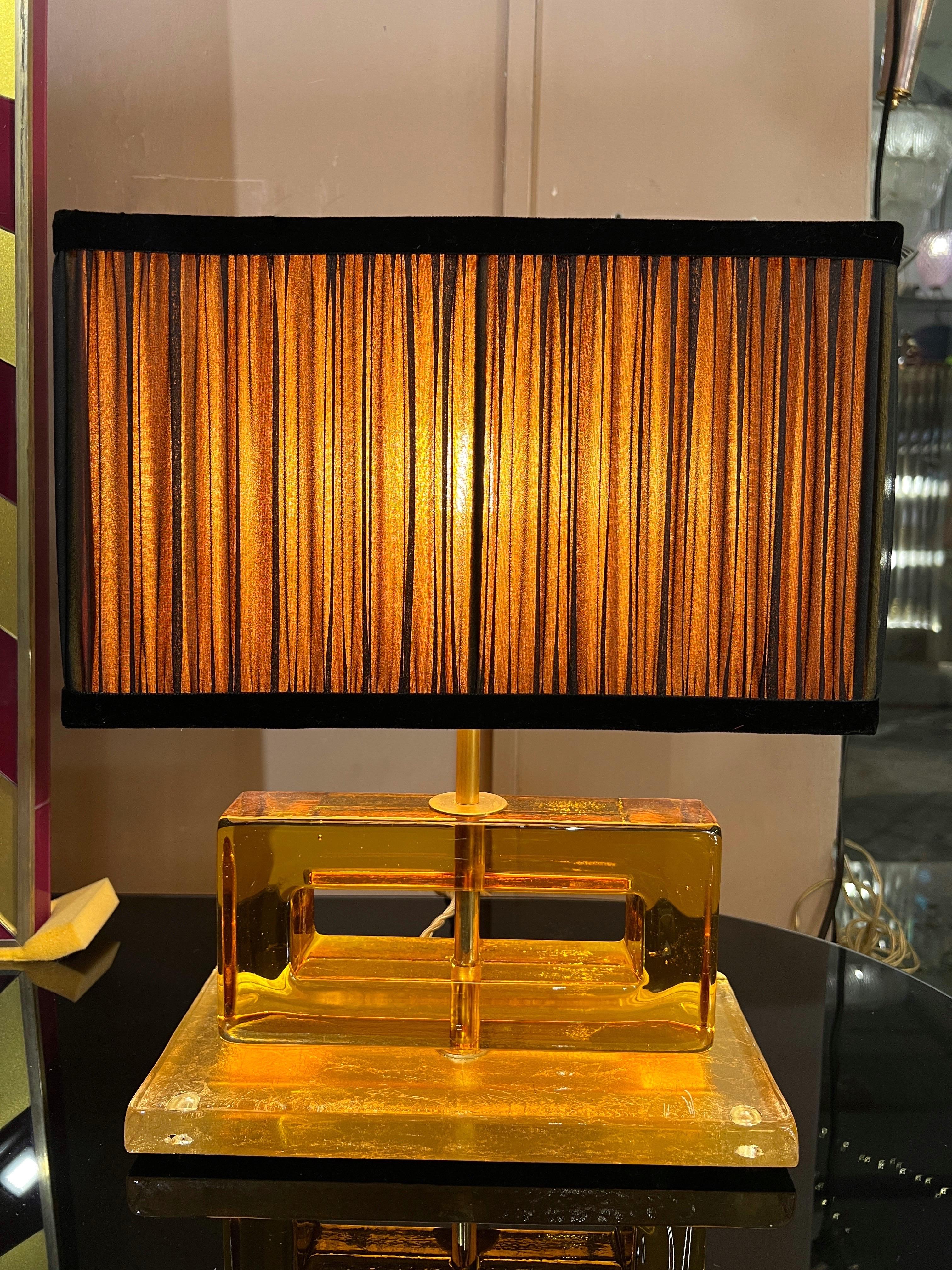 Amber Color Murano Glass Blocks Lamps with Our Matching Lampshades, 1970s For Sale 4