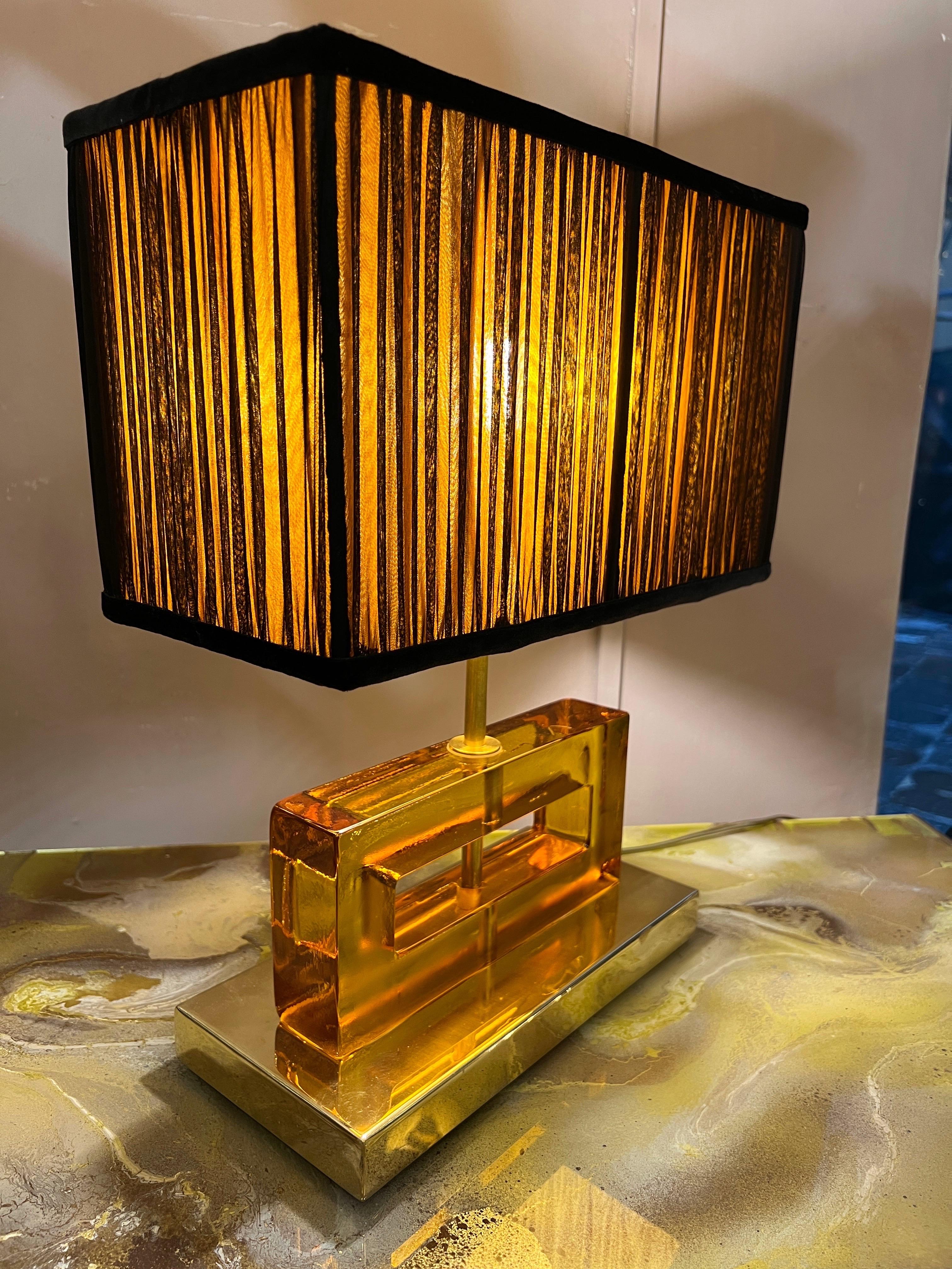 Amber Color Murano Glass Blocks Lamps with Our Matching Lampshades, 1970s For Sale 5