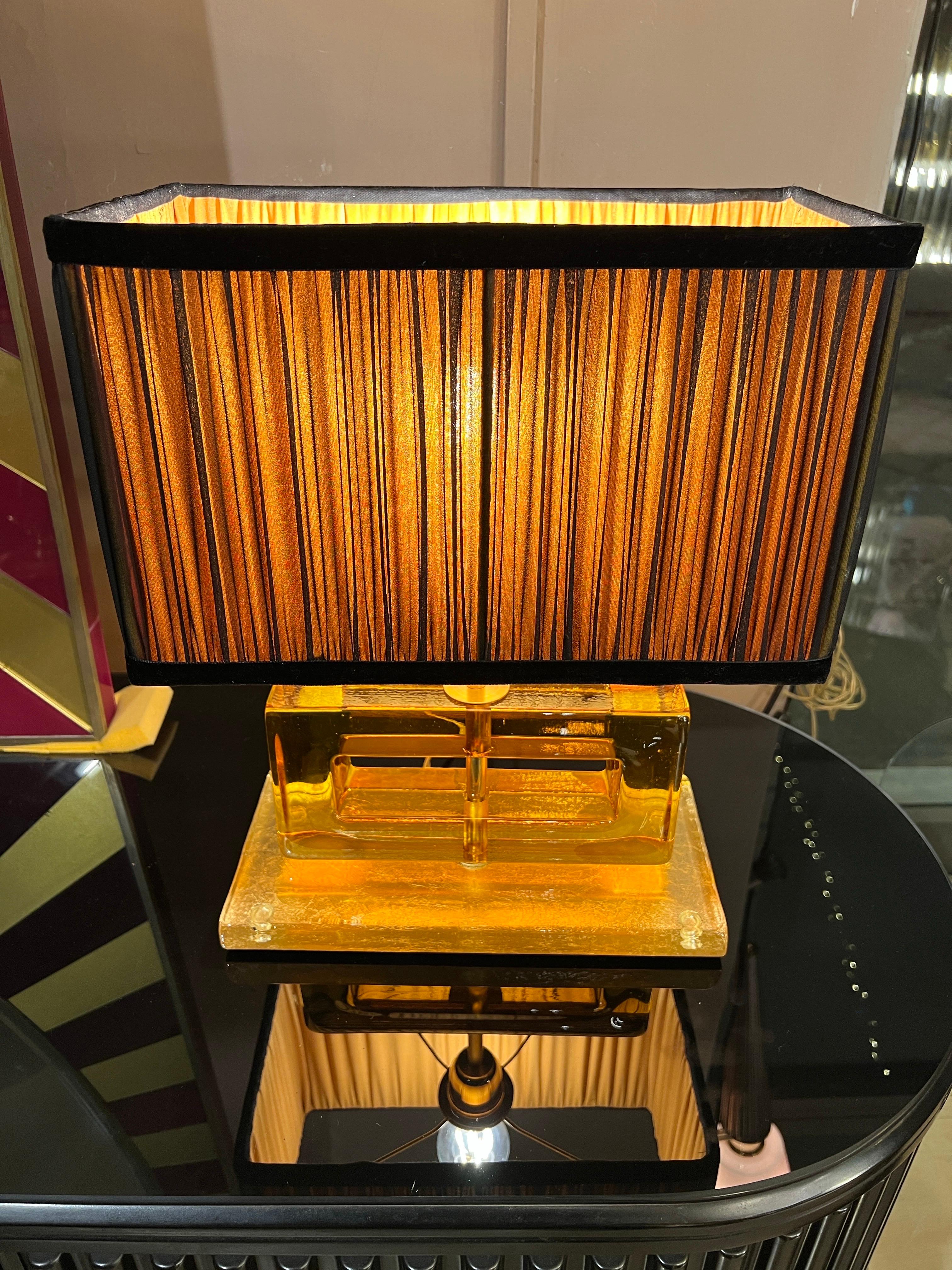 Amber Color Murano Glass Blocks Lamps with Our Matching Lampshades, 1970s For Sale 5