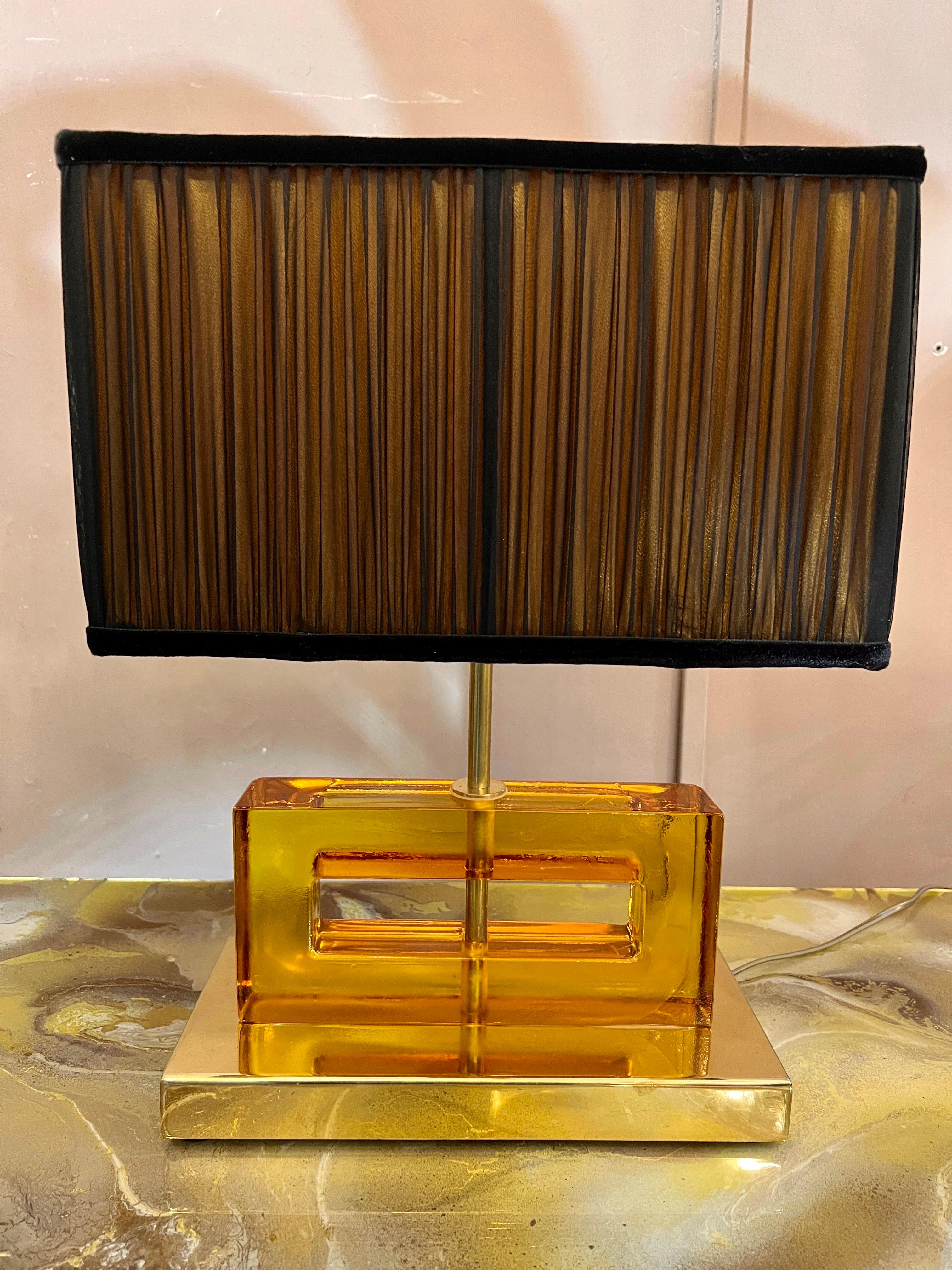 Amber Color Murano Glass Blocks Lamps with Our Matching Lampshades, 1970s For Sale 6