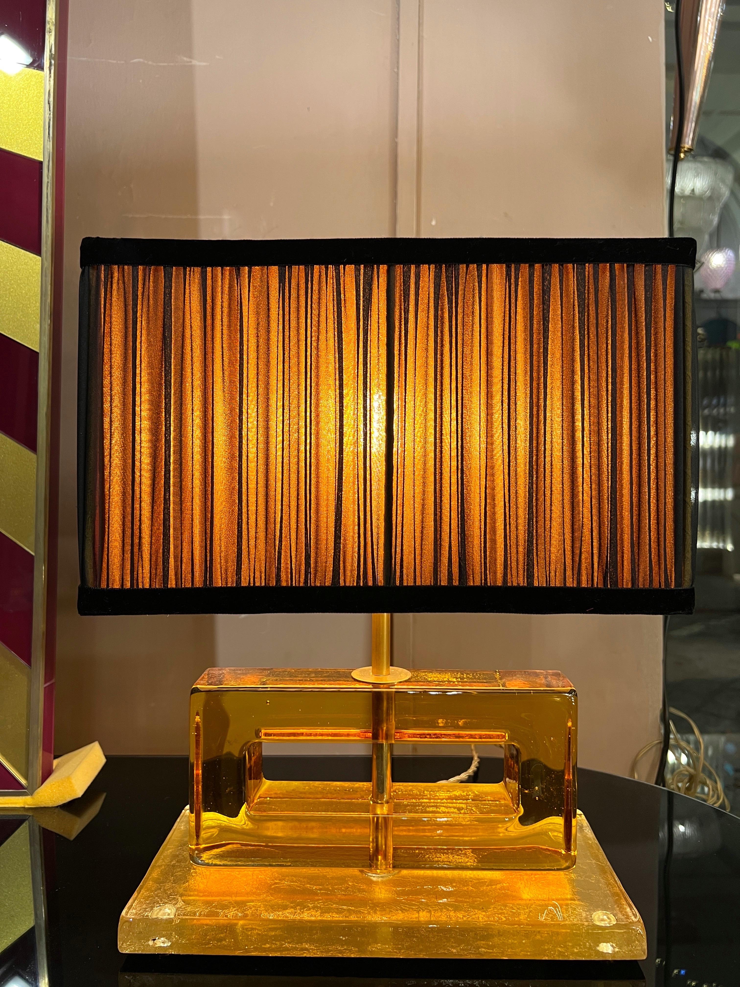 Amber Color Murano Glass Blocks Lamps with Our Matching Lampshades, 1970s For Sale 6