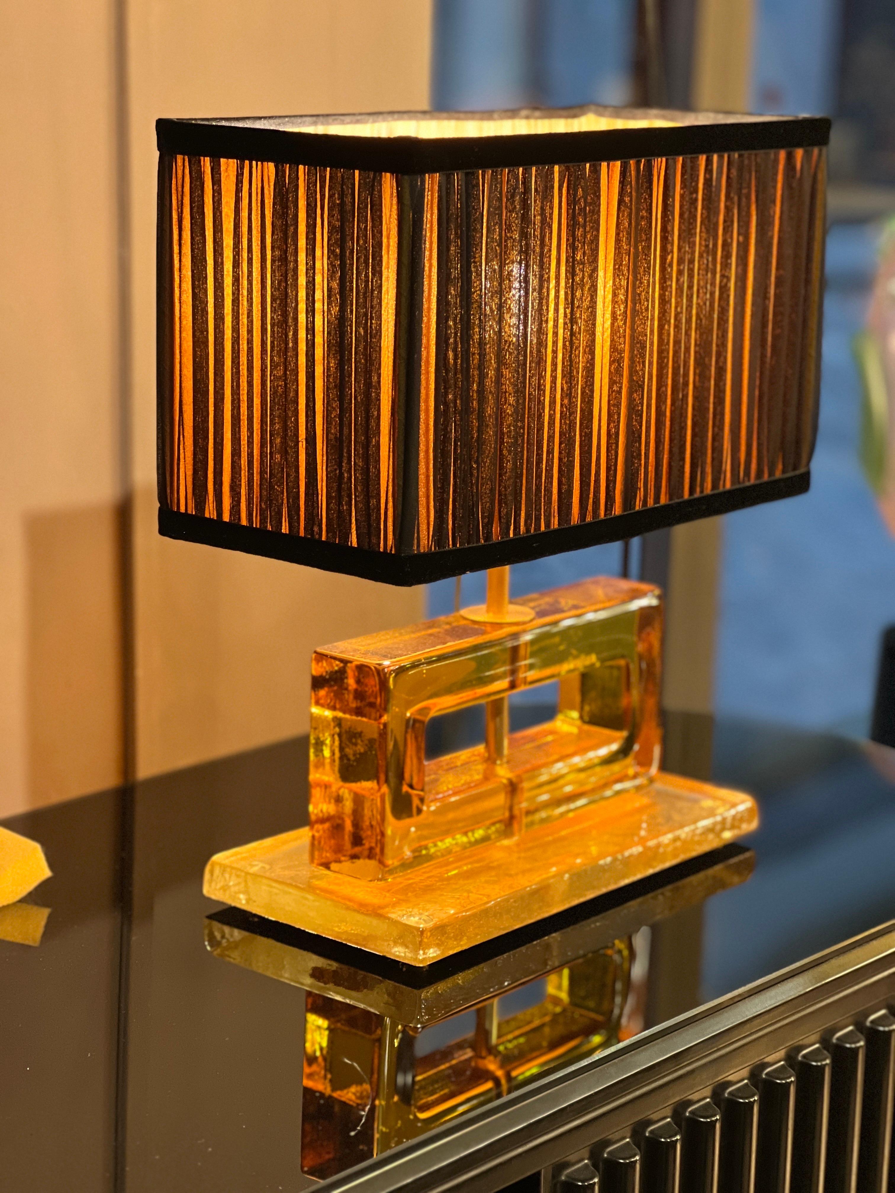 Amber Color Murano Glass Blocks Lamps with Our Matching Lampshades, 1970s For Sale 7