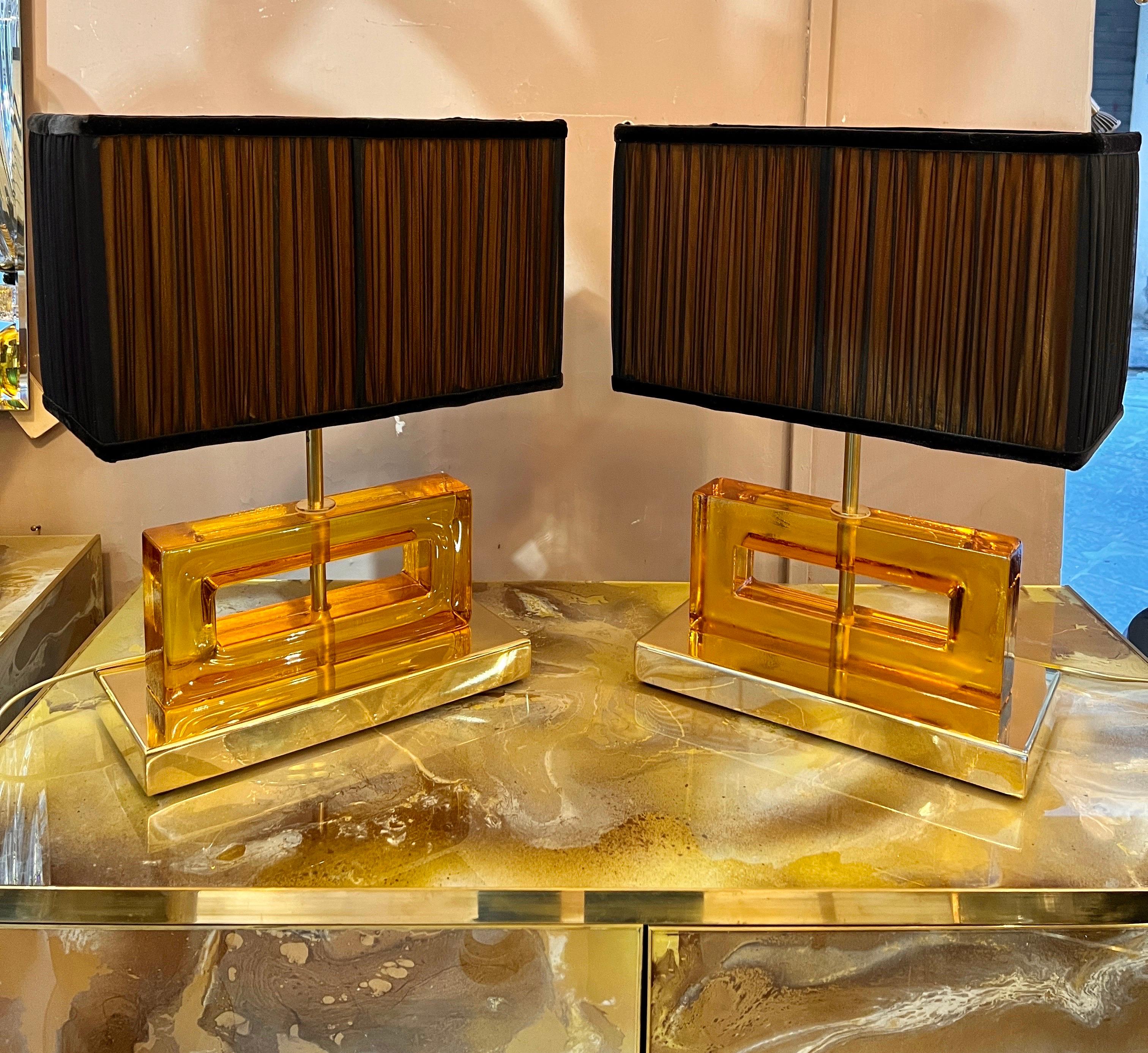 Amber Color Murano Glass Blocks Lamps with Our Matching Lampshades, 1970s For Sale 8