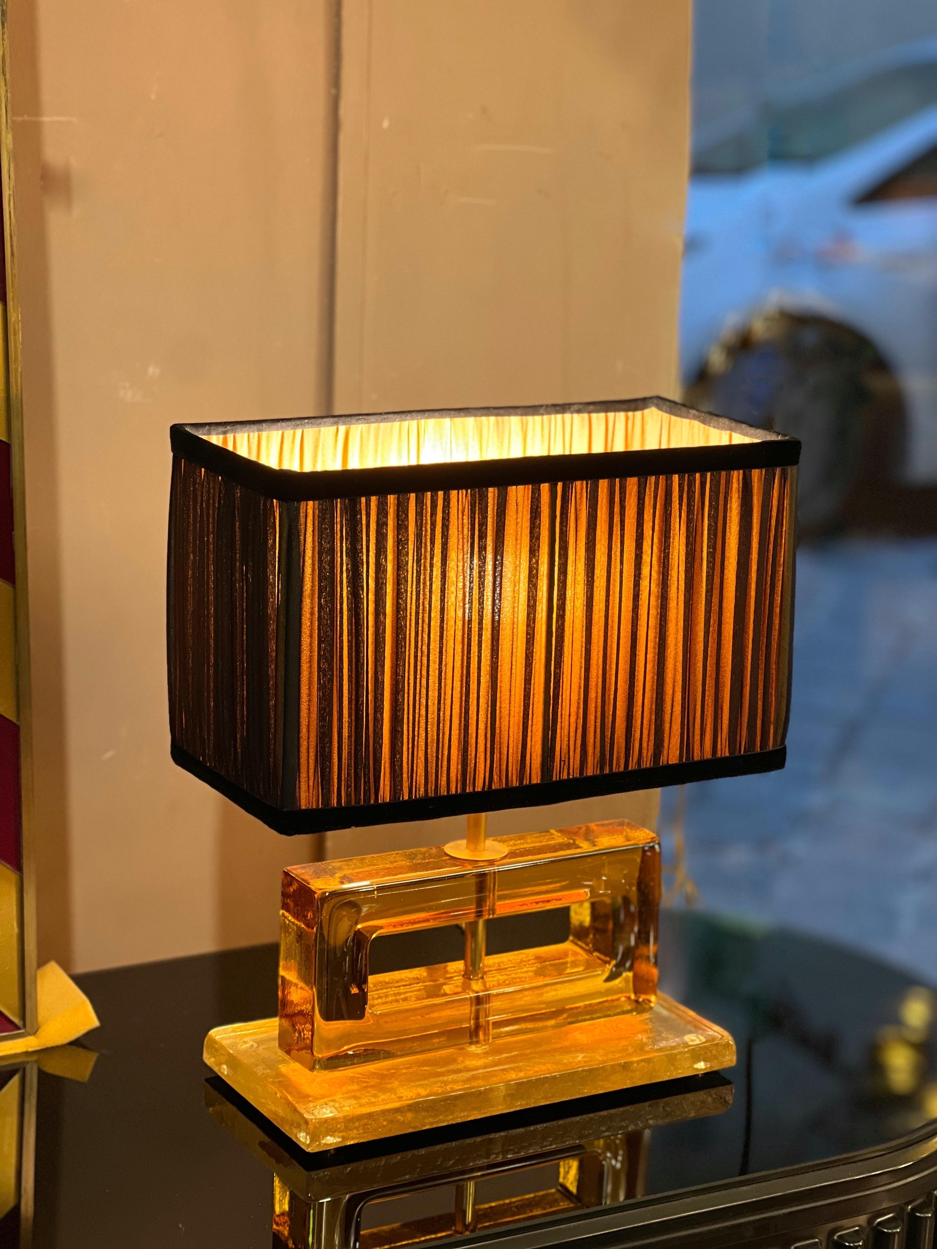 Amber Color Murano Glass Blocks Lamps with Our Matching Lampshades, 1970s For Sale 8