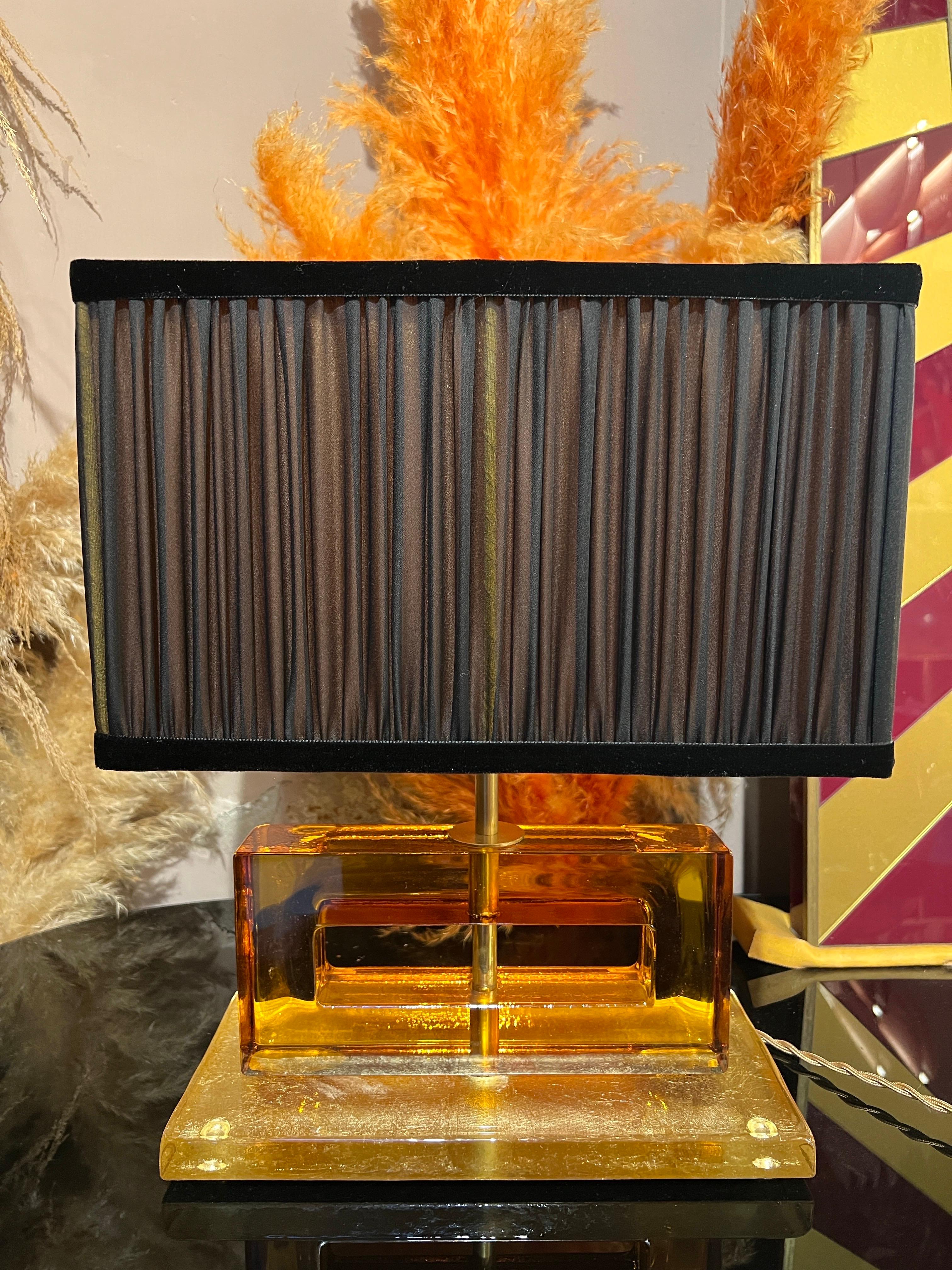 Amber Color Murano Glass Blocks Lamps with Our Matching Lampshades, 1970s For Sale 9