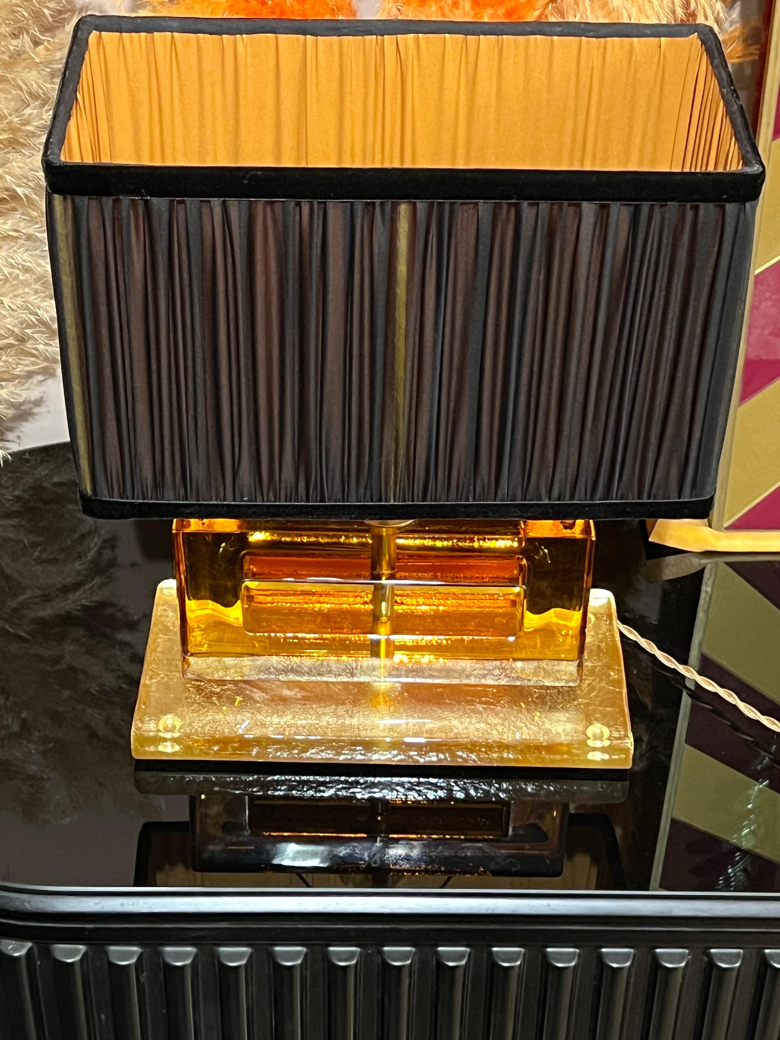 Amber Color Murano Glass Blocks Lamps with Our Matching Lampshades, 1970s For Sale 10