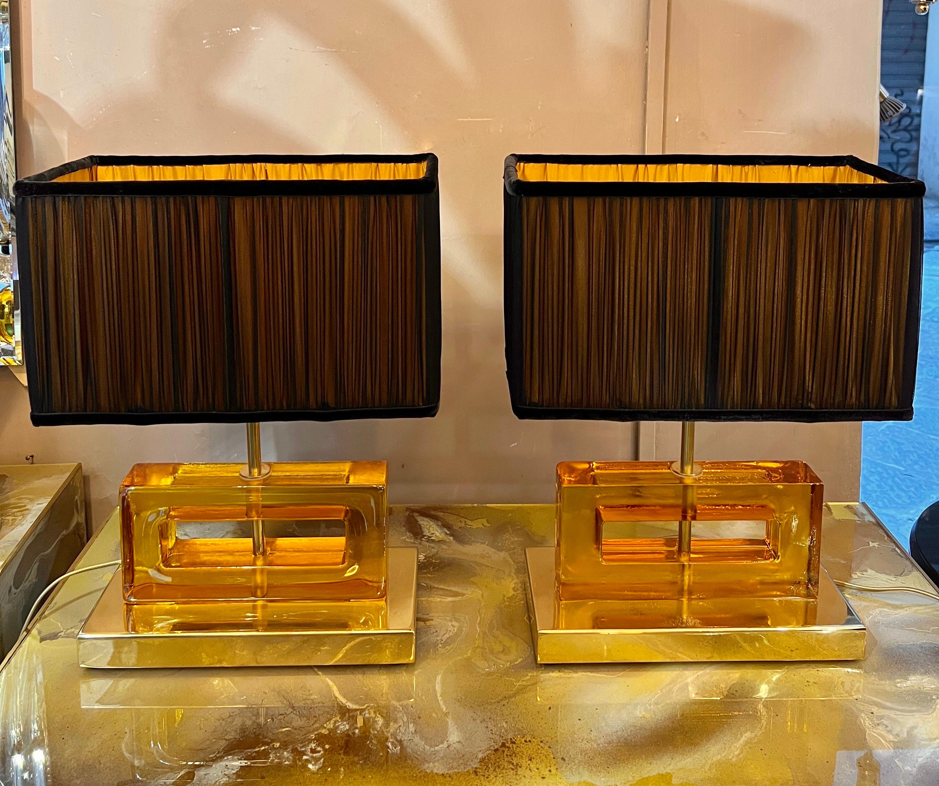 Amber Color Murano Glass Blocks Lamps with Our Matching Lampshades, 1970s For Sale 11
