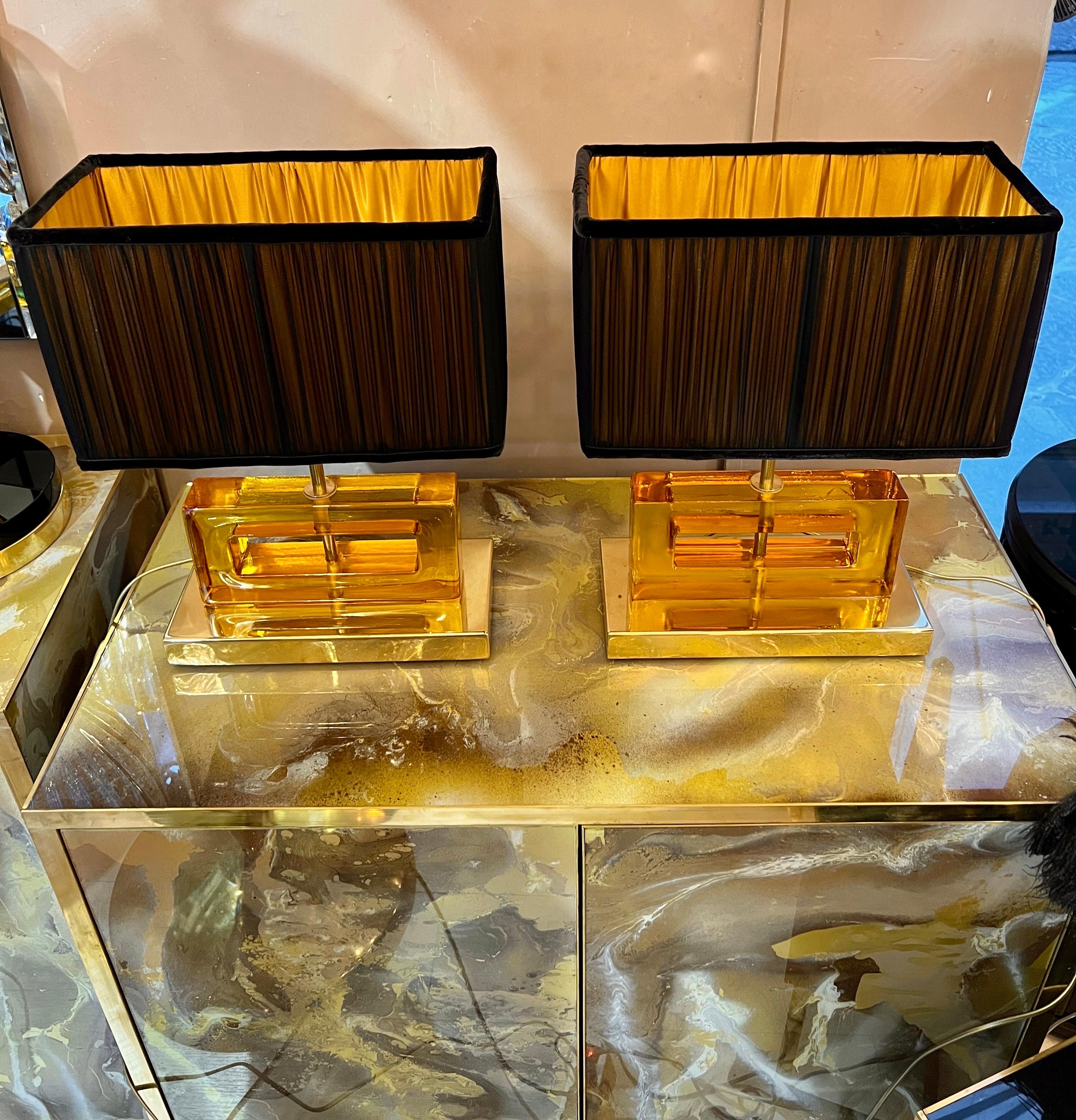 Amber Color Murano Glass Blocks Lamps with Our Matching Lampshades, 1970s For Sale 13