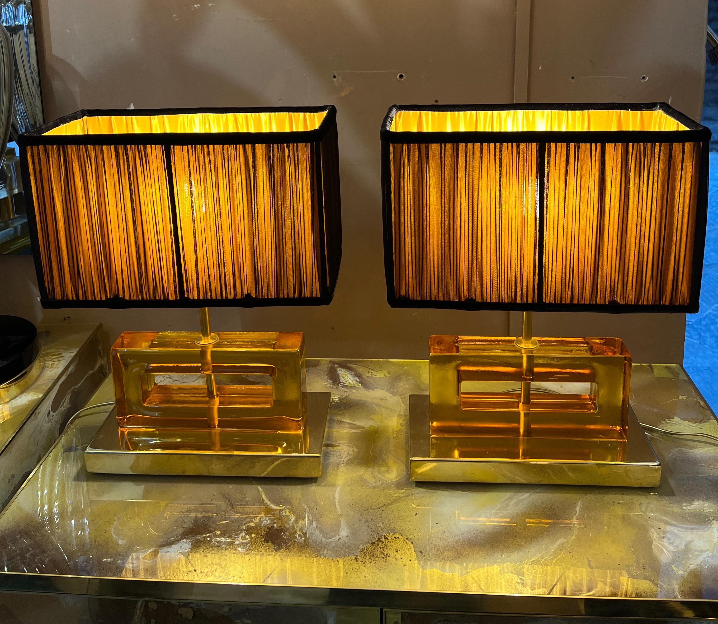 Modern Amber Color Murano Glass Blocks Lamps with Our Matching Lampshades, 1970s For Sale