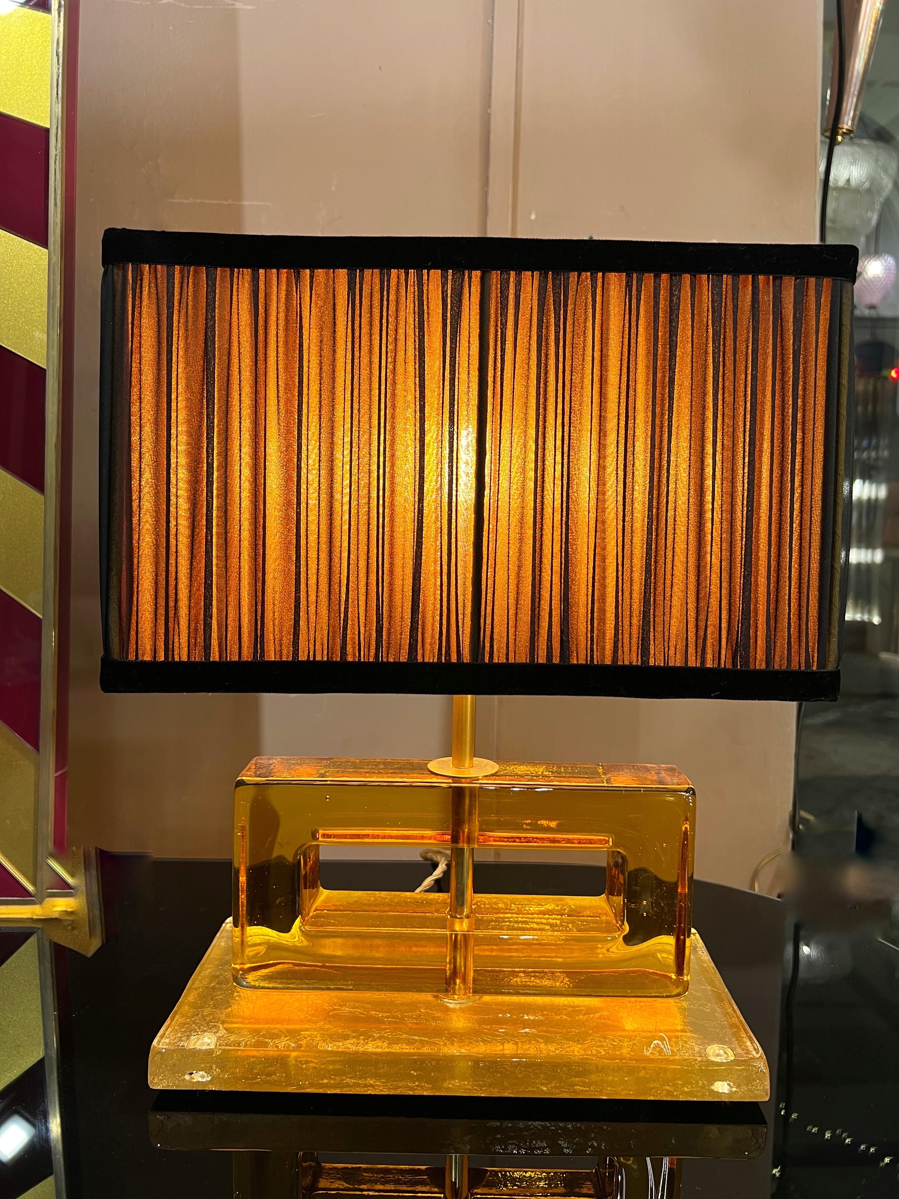 Modern Amber Color Murano Glass Blocks Lamps with Our Matching Lampshades, 1970s For Sale