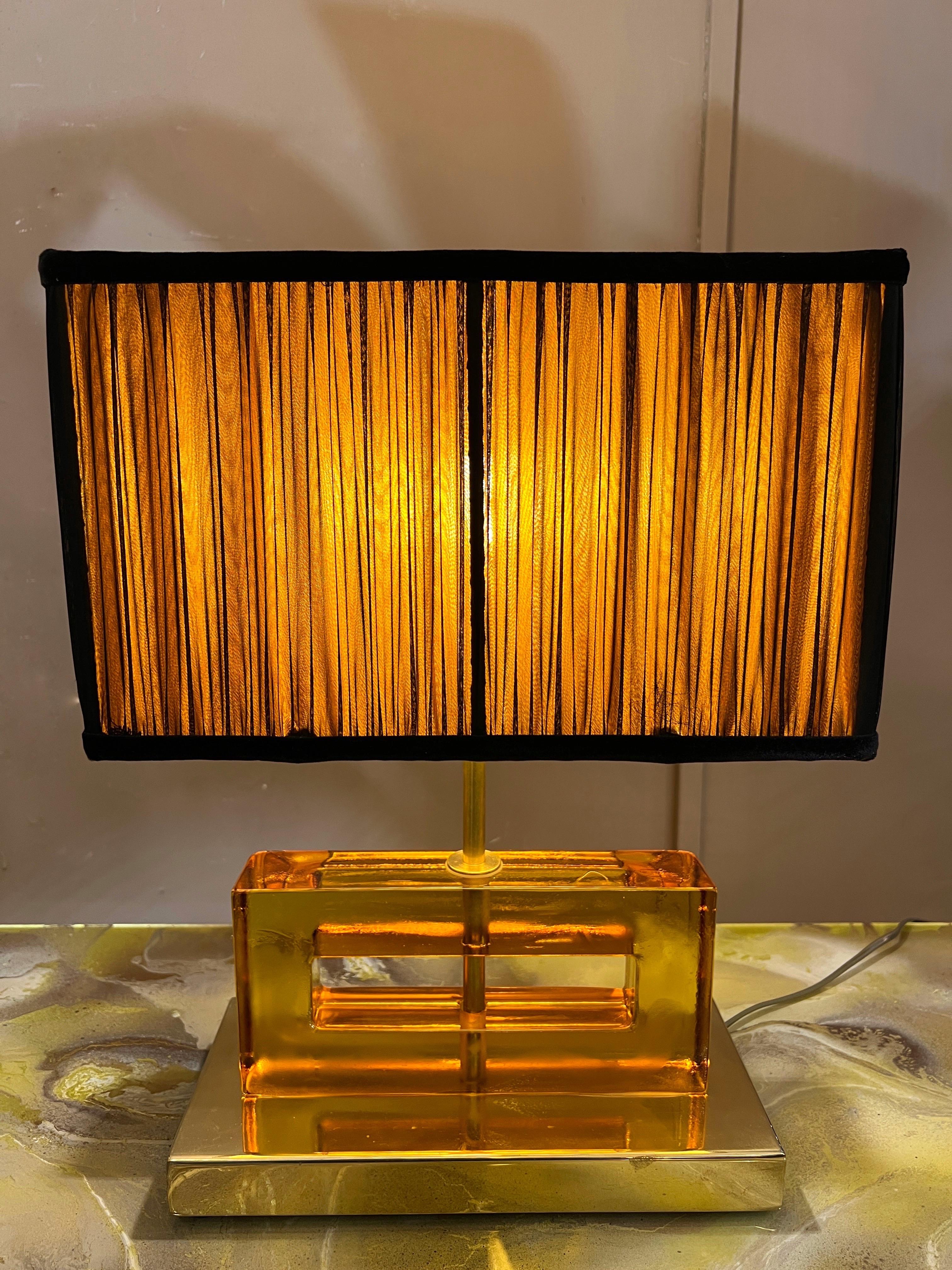 Italian Amber Color Murano Glass Blocks Lamps with Our Matching Lampshades, 1970s For Sale