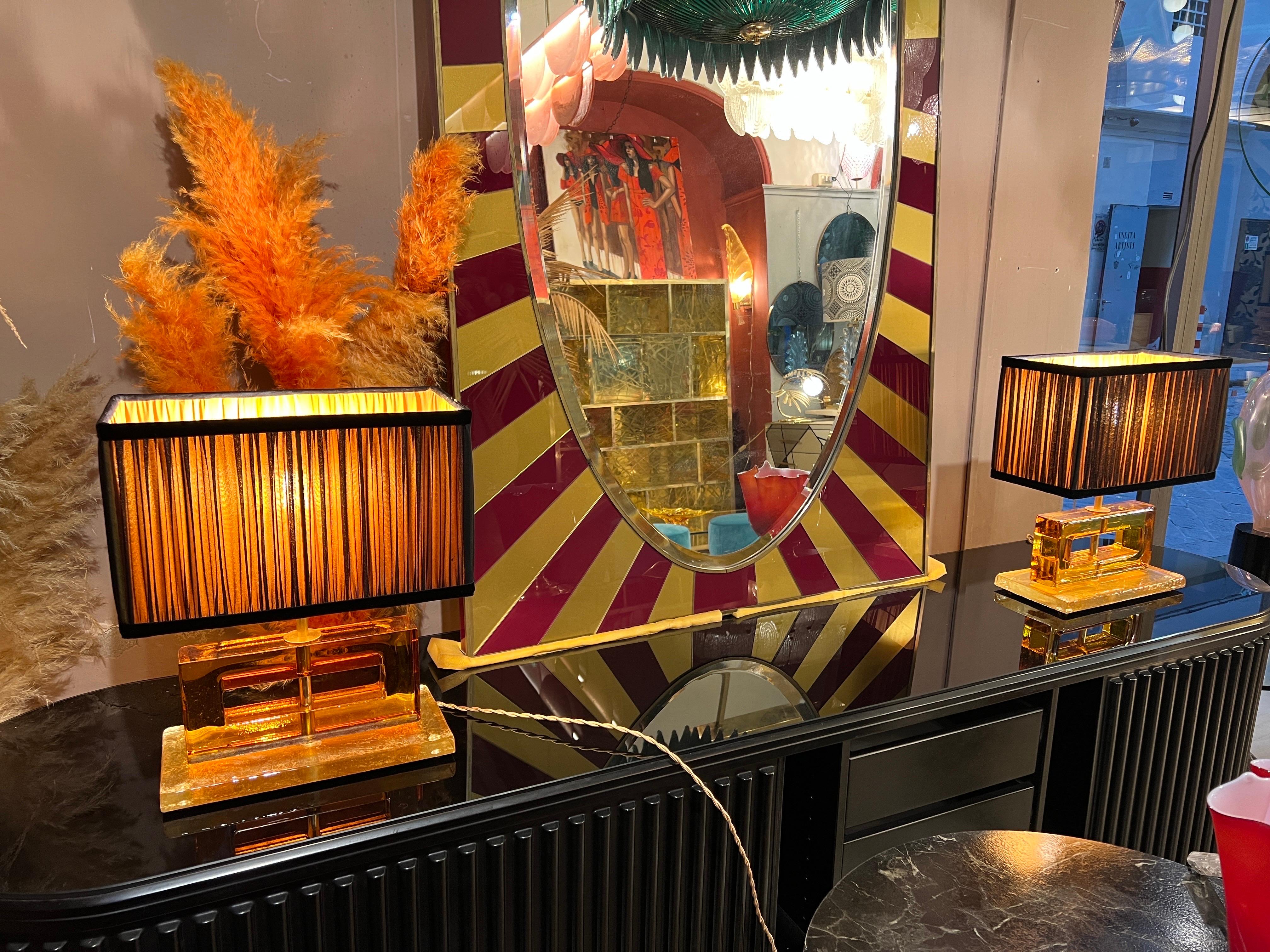 Italian Amber Color Murano Glass Blocks Lamps with Our Matching Lampshades, 1970s For Sale