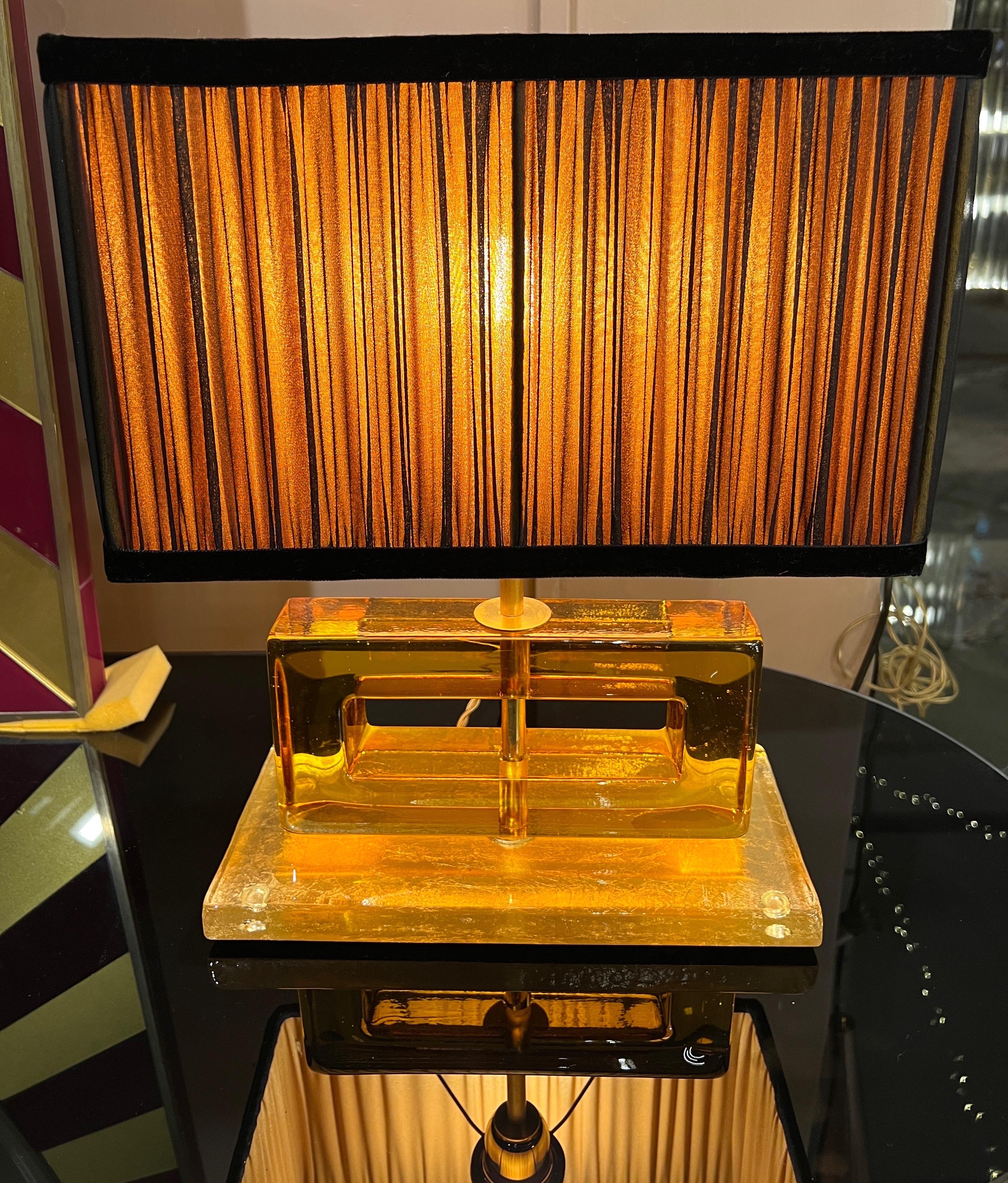 Amber Color Murano Glass Blocks Lamps with Our Matching Lampshades, 1970s In Excellent Condition For Sale In Florence, IT