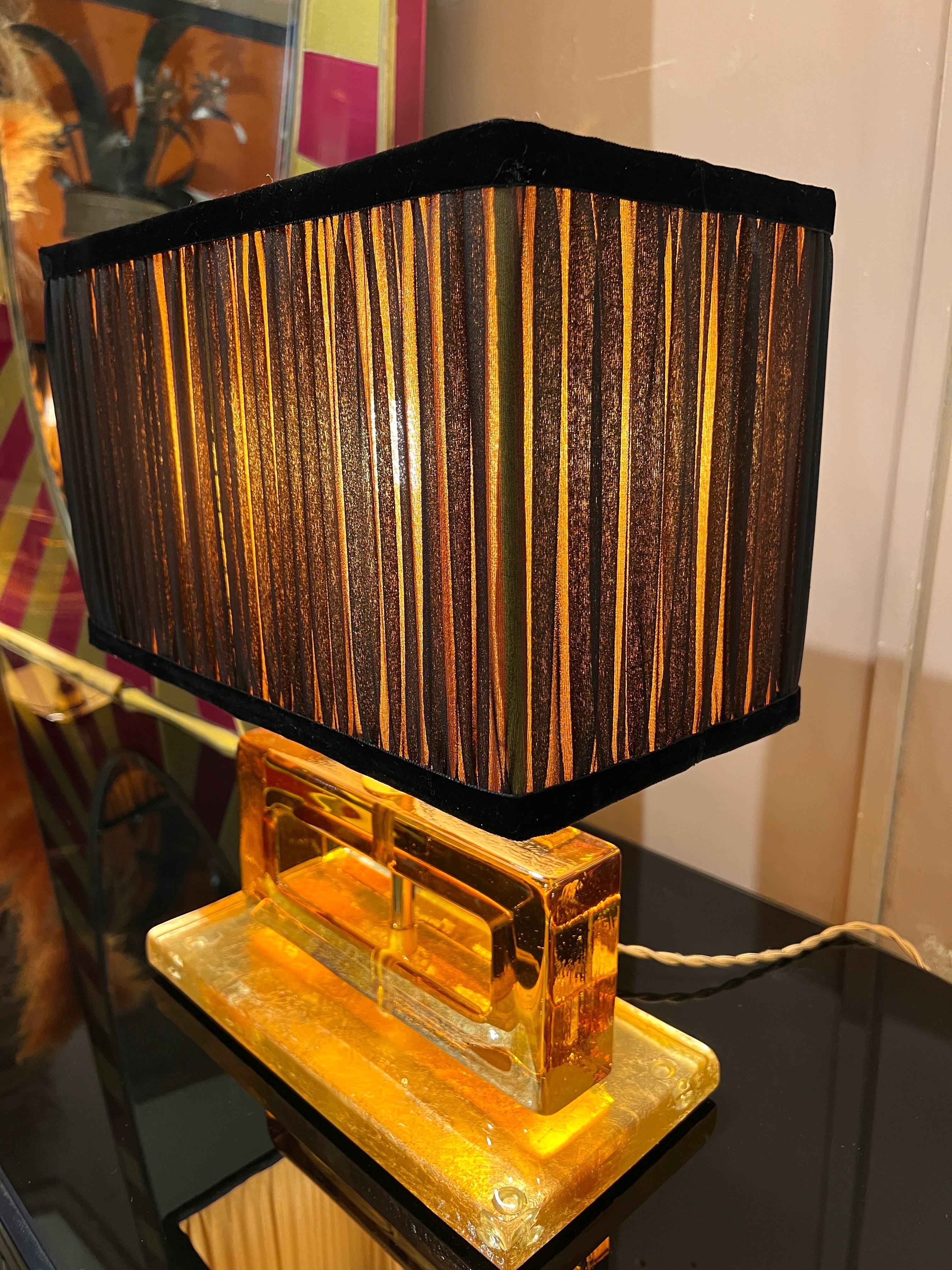 20th Century Amber Color Murano Glass Blocks Lamps with Our Matching Lampshades, 1970s For Sale