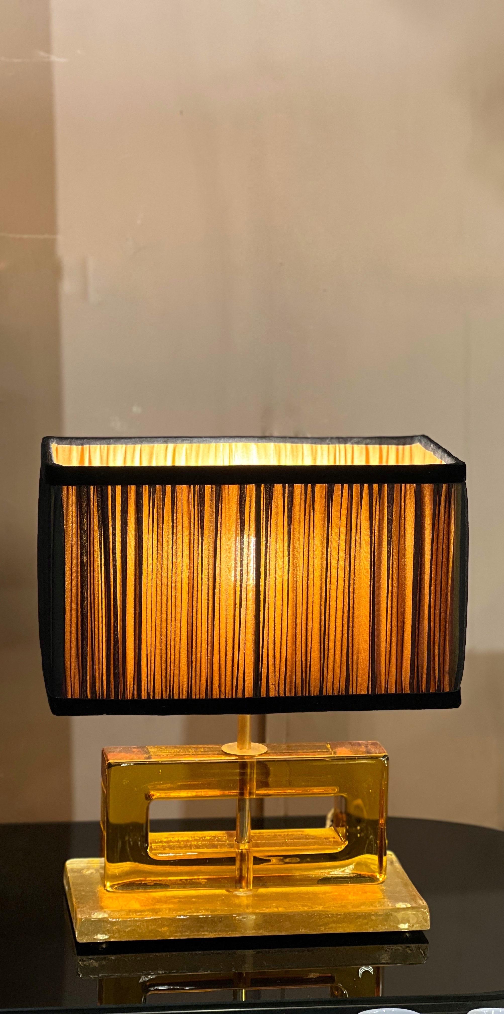Amber Color Murano Glass Blocks Lamps with Our Matching Lampshades, 1970s For Sale 1
