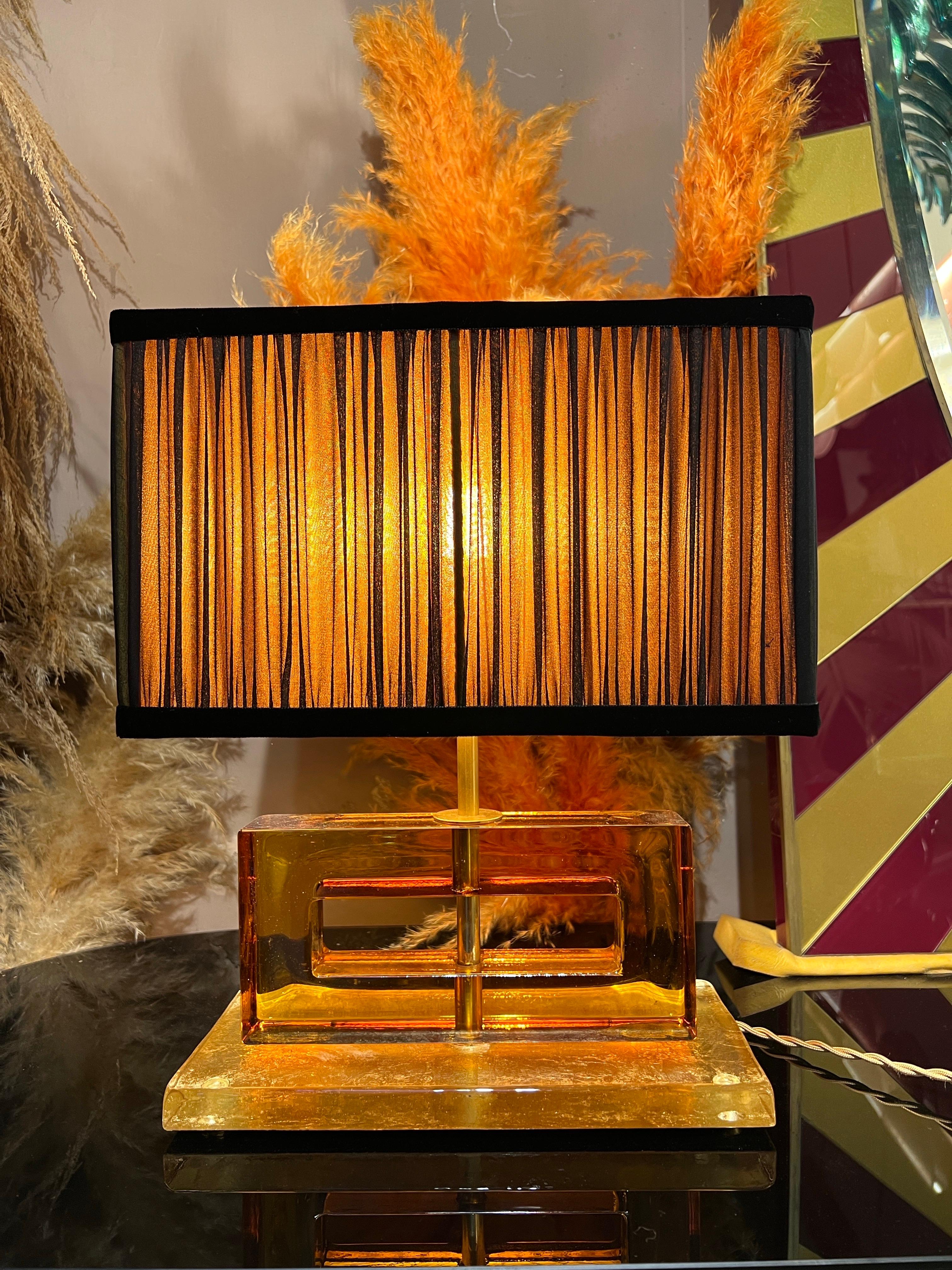 Amber Color Murano Glass Blocks Lamps with Our Matching Lampshades, 1970s For Sale 2