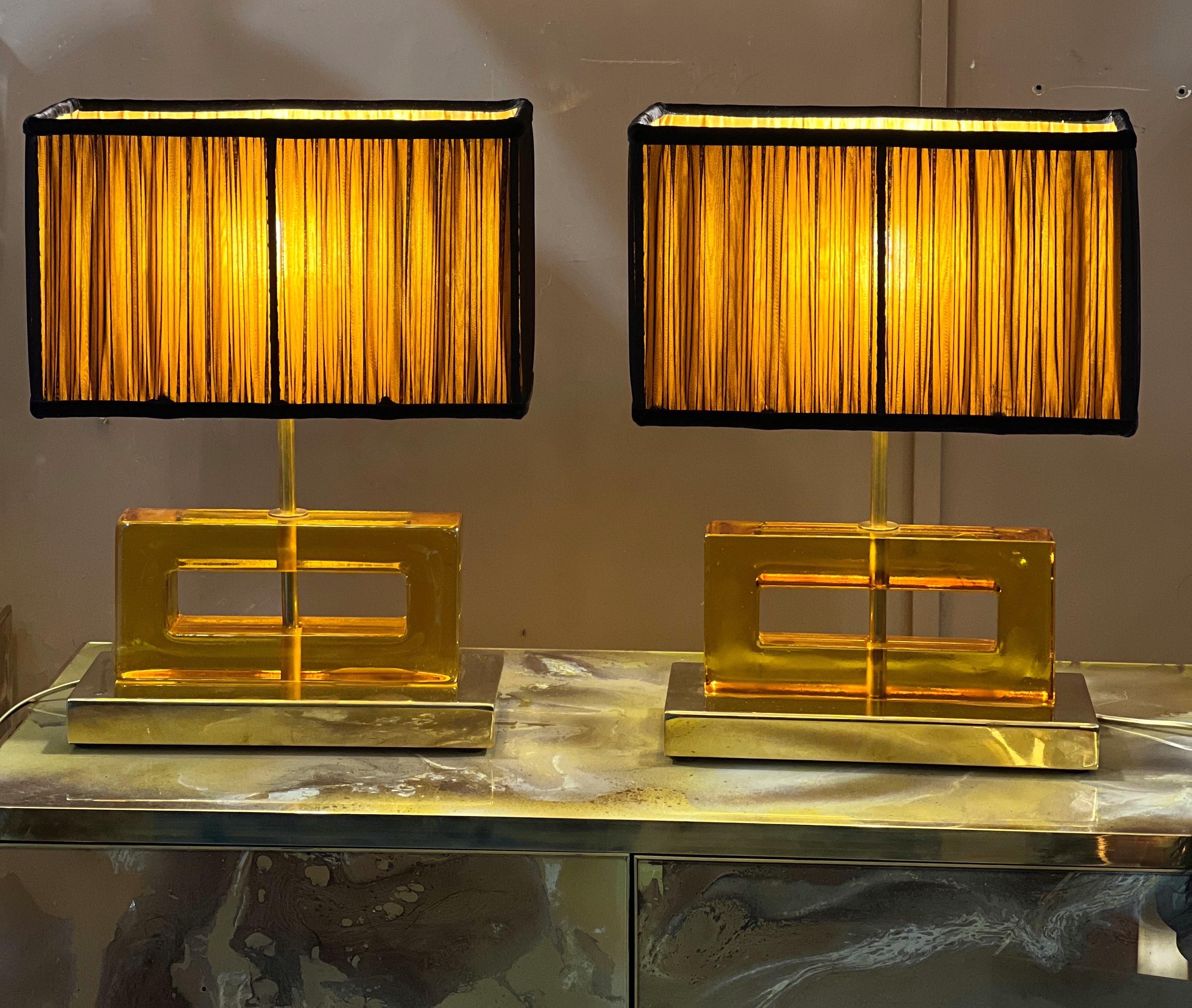 Amber Color Murano Glass Blocks Lamps with Our Matching Lampshades, 1970s For Sale 3