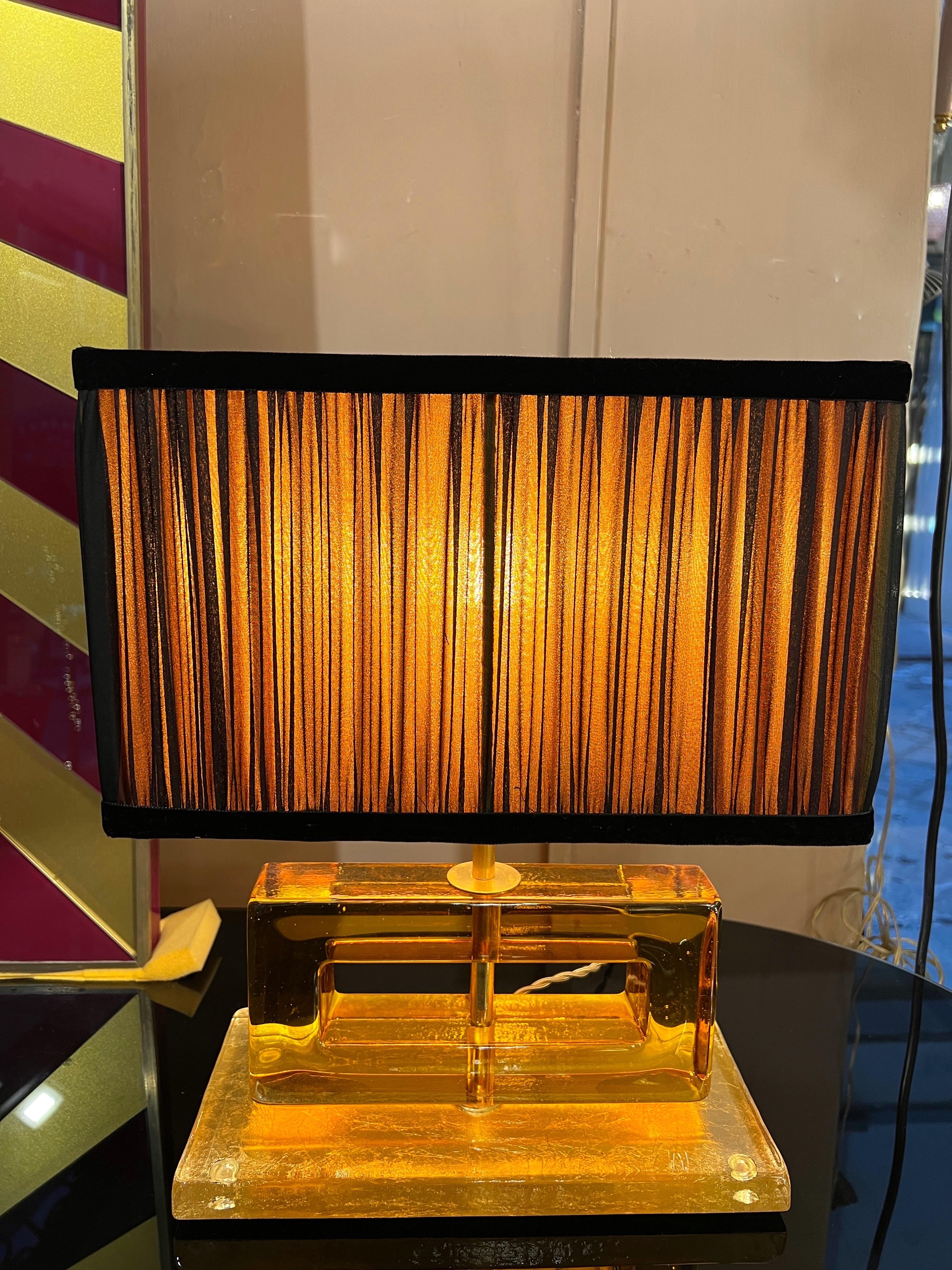 Amber Color Murano Glass Blocks Lamps with Our Matching Lampshades, 1970s For Sale 3