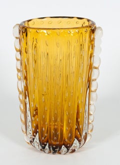 Amber Color Murano Glass Bubble Vase with Morise Attributed to Donà, 1980s Italy