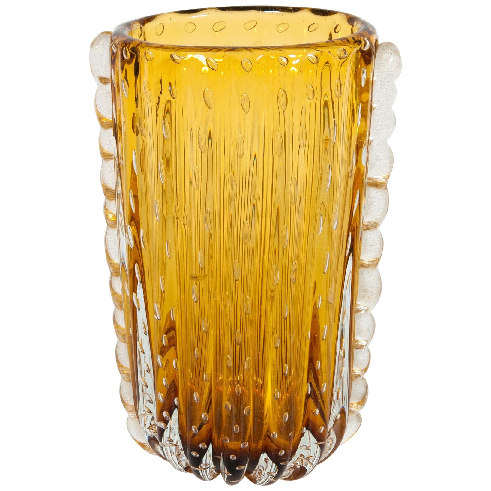 Amber Color Murano Glass Bubble Vase with Morise Attributed to Donà, 1980s Italy