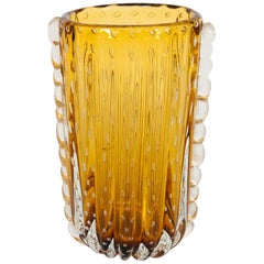 Amber Color Murano Glass Bubble Vase with Morise Attributed to Donà, 1980s Italy
