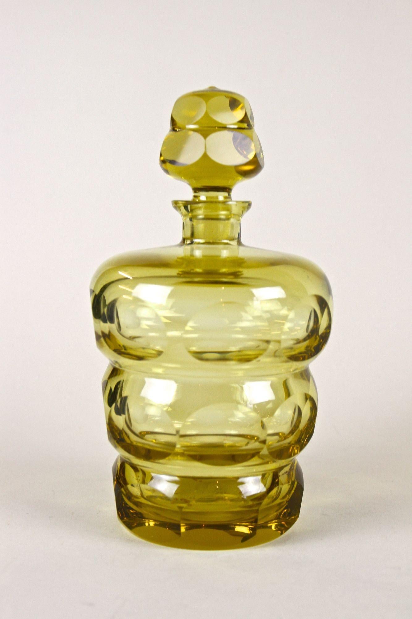 Czech Amber-Colored Art Deco Glass Bottle with Lid, Bohemia circa 1930