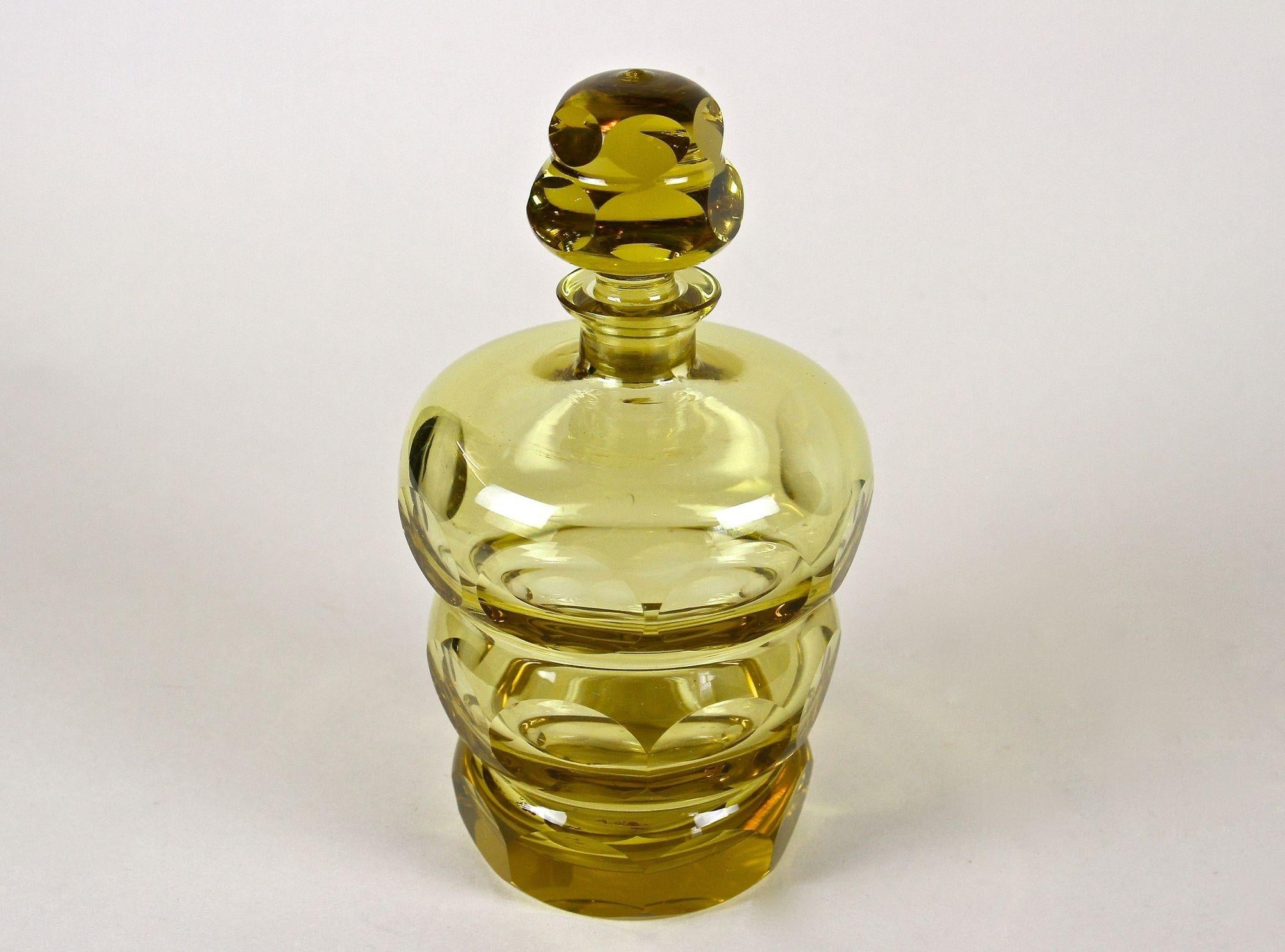 20th Century Amber-Colored Art Deco Glass Bottle with Lid, Bohemia circa 1930