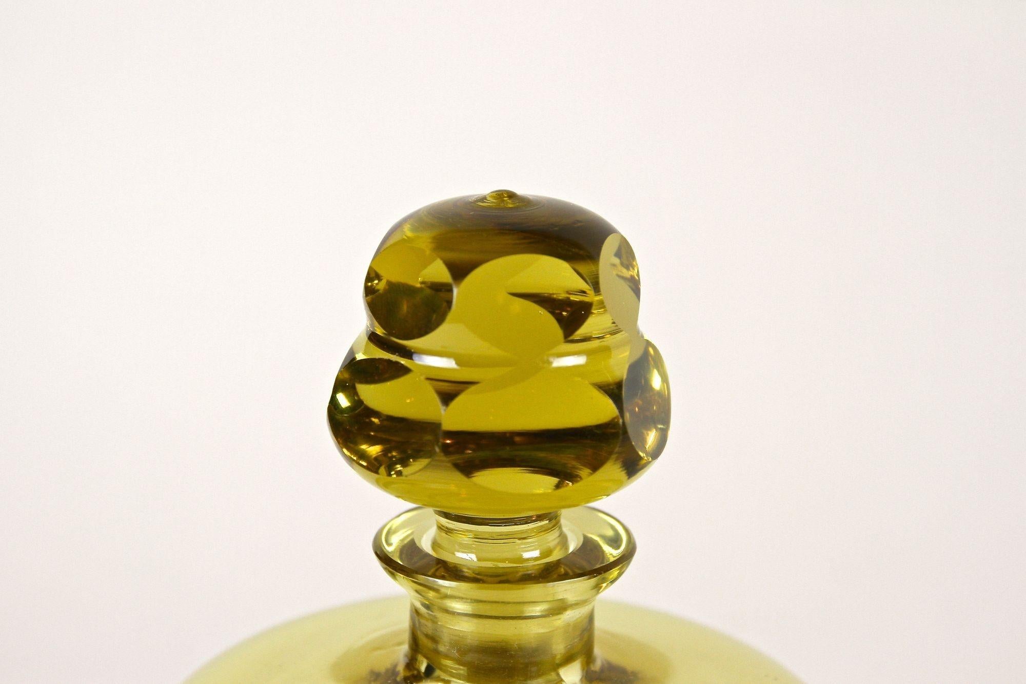 Cut Glass Amber-Colored Art Deco Glass Bottle with Lid, Bohemia circa 1930