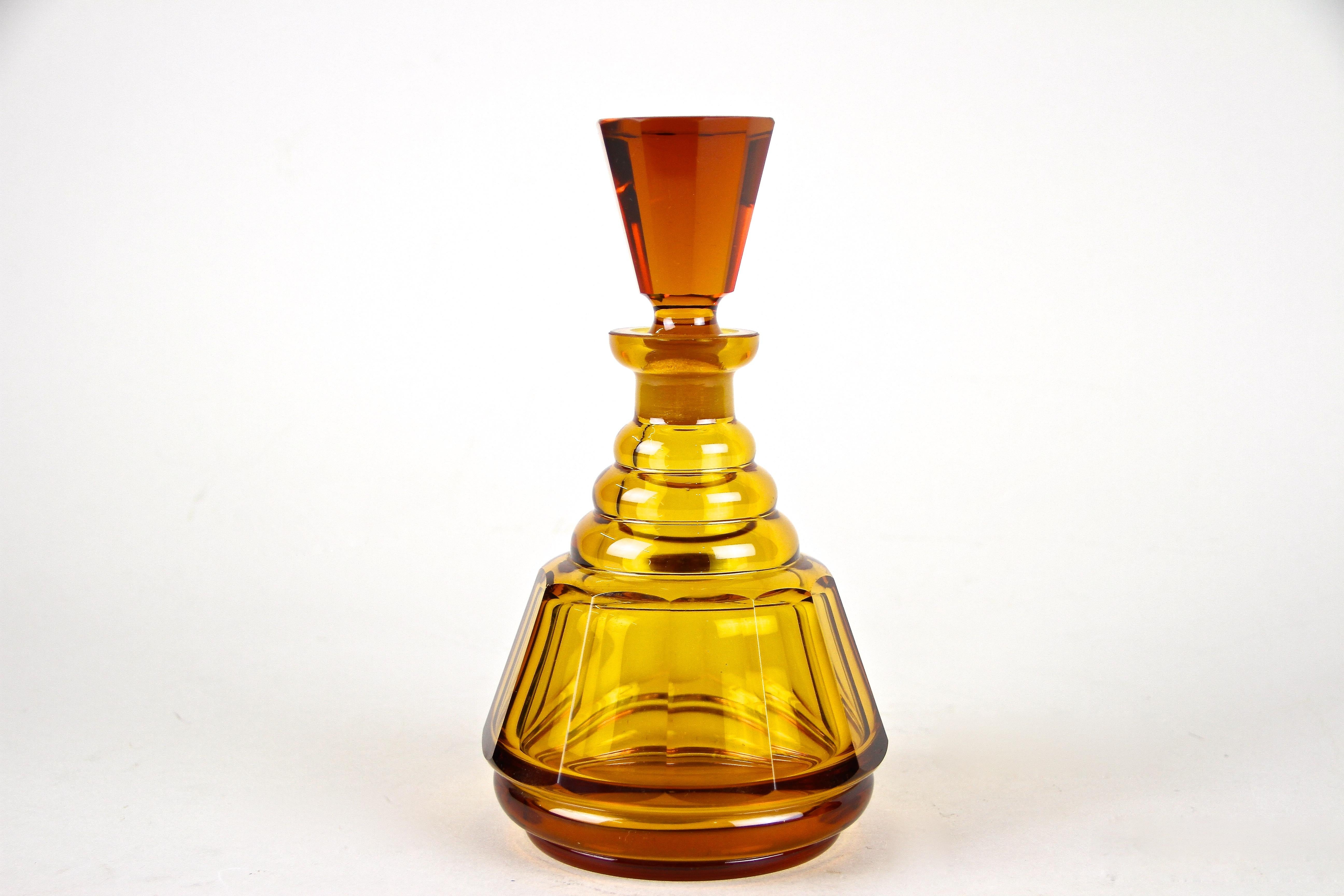 20th Century Amber-Colored Art Deco Glass Bottle with Stopper, Austria, circa 1920