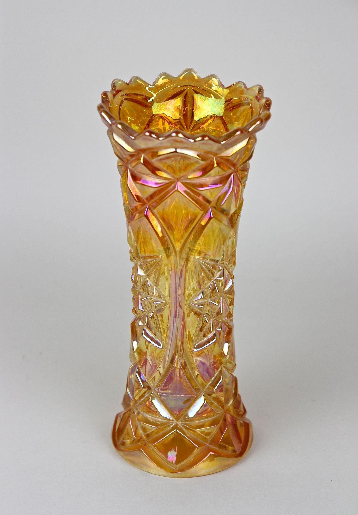 Amber Colored Art Deco Glass Vase - Iridescent, Bohemia circa 1920 For Sale 6