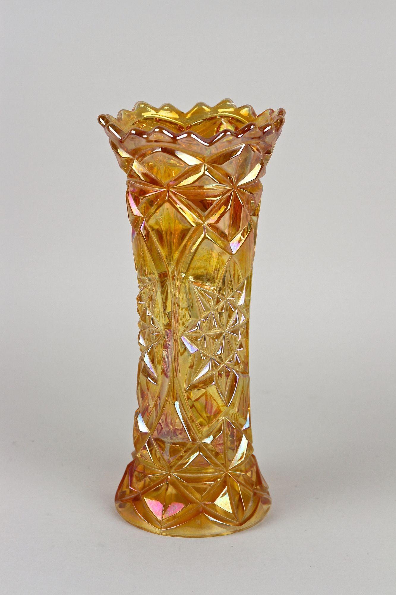 20th Century Amber Colored Art Deco Glass Vase - Iridescent, Bohemia circa 1920 For Sale