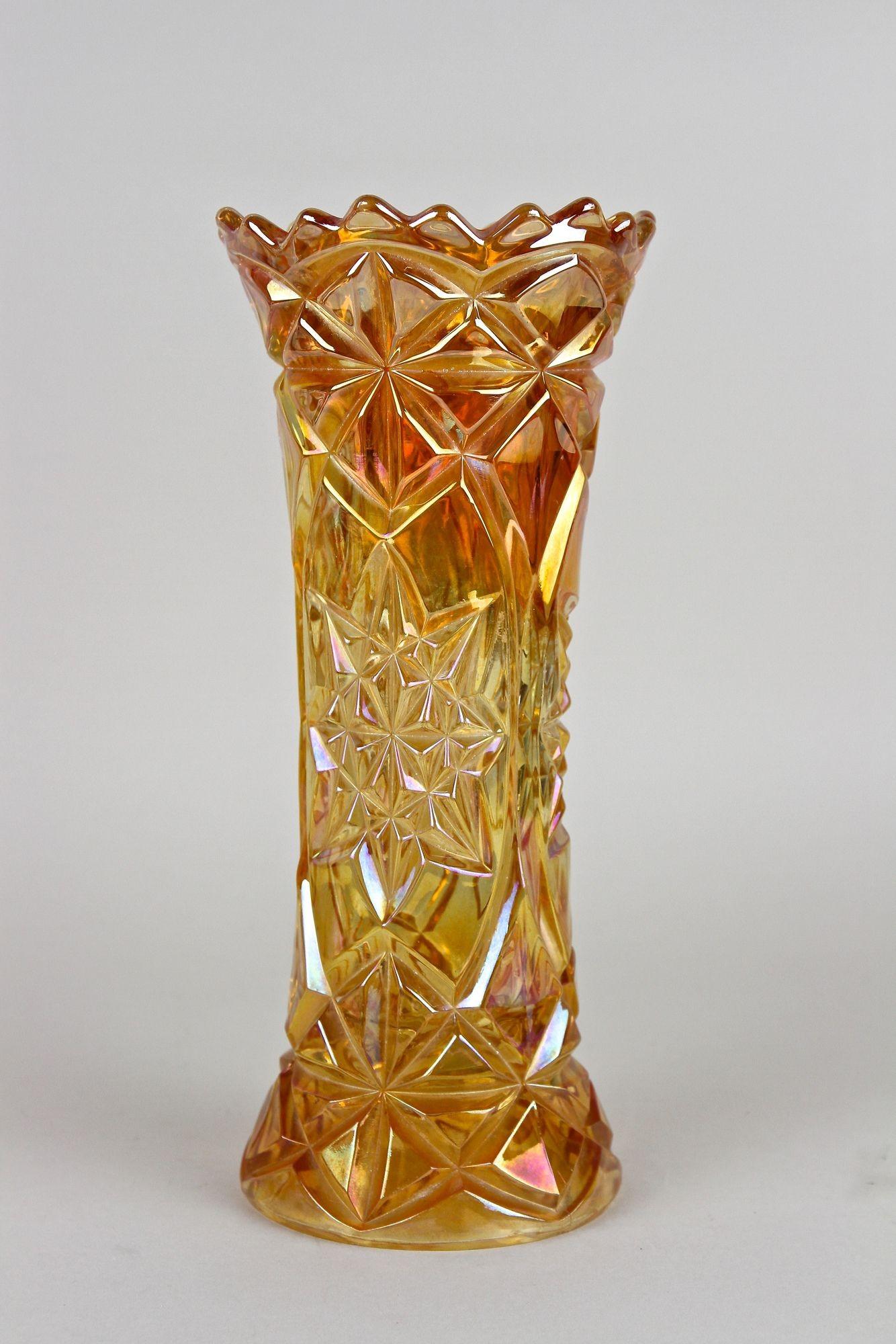 Amber Colored Art Deco Glass Vase - Iridescent, Bohemia circa 1920 For Sale 1