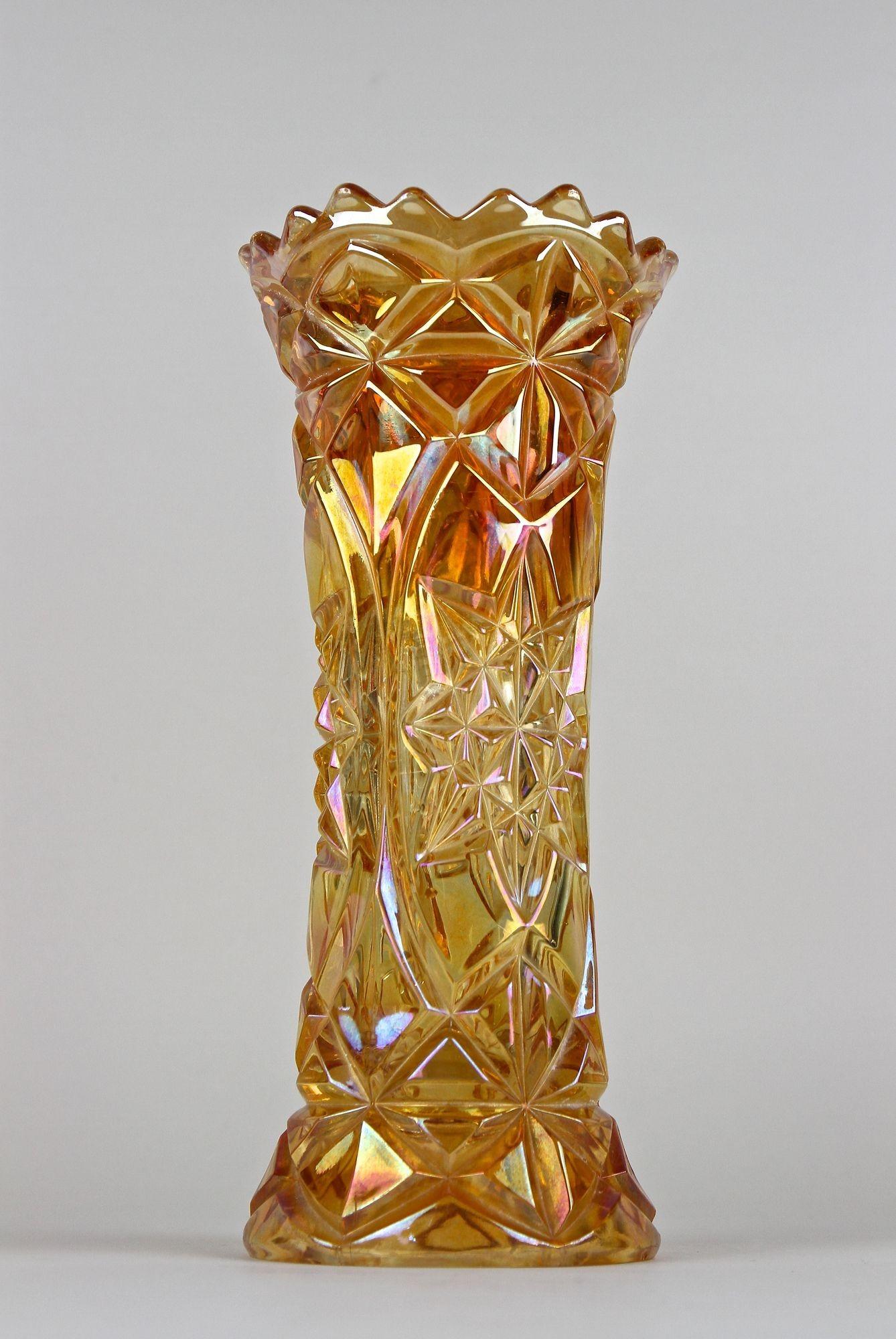 Amber Colored Art Deco Glass Vase - Iridescent, Bohemia circa 1920 For Sale 2