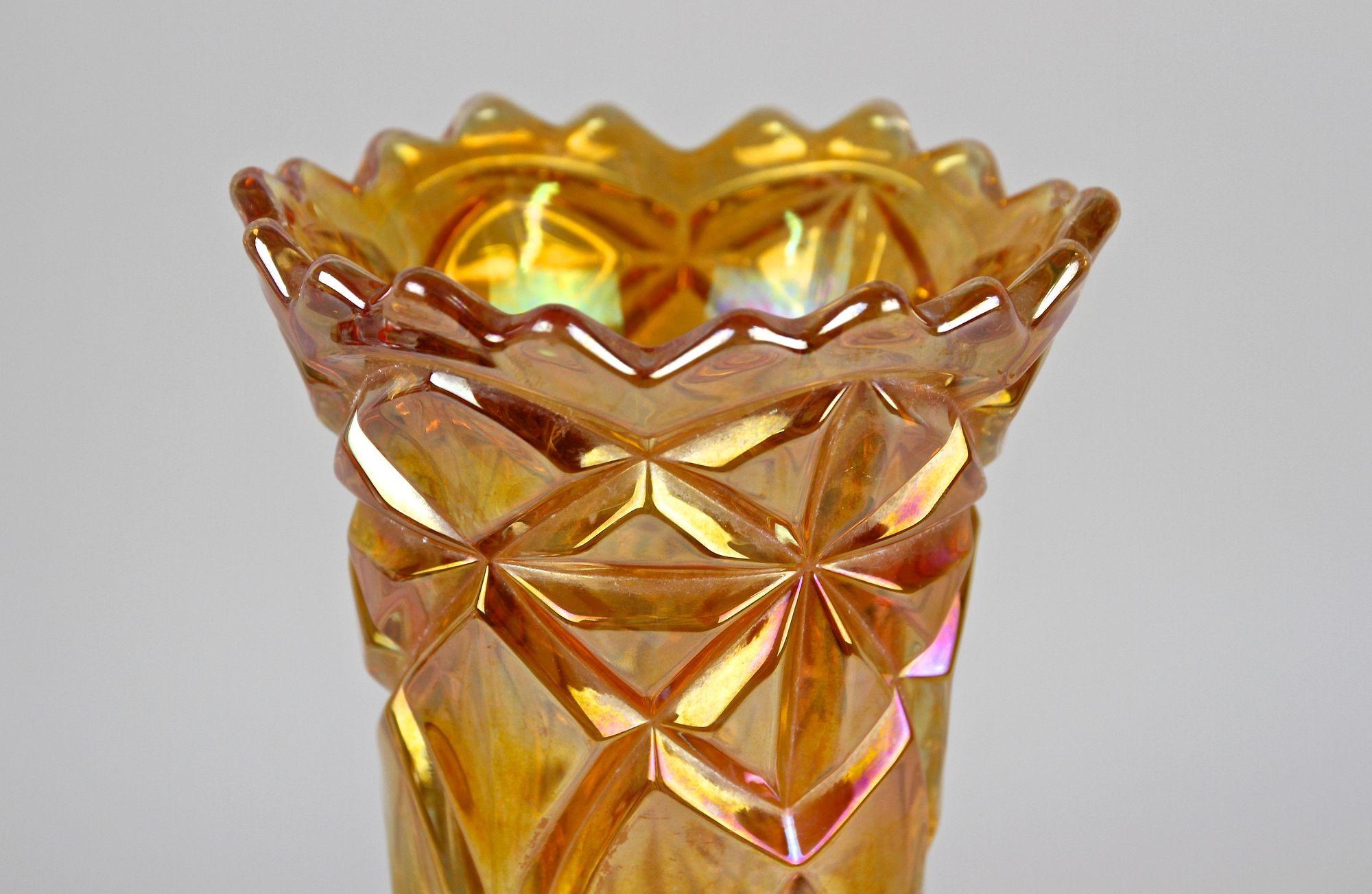 Amber Colored Art Deco Glass Vase - Iridescent, Bohemia circa 1920 For Sale 3