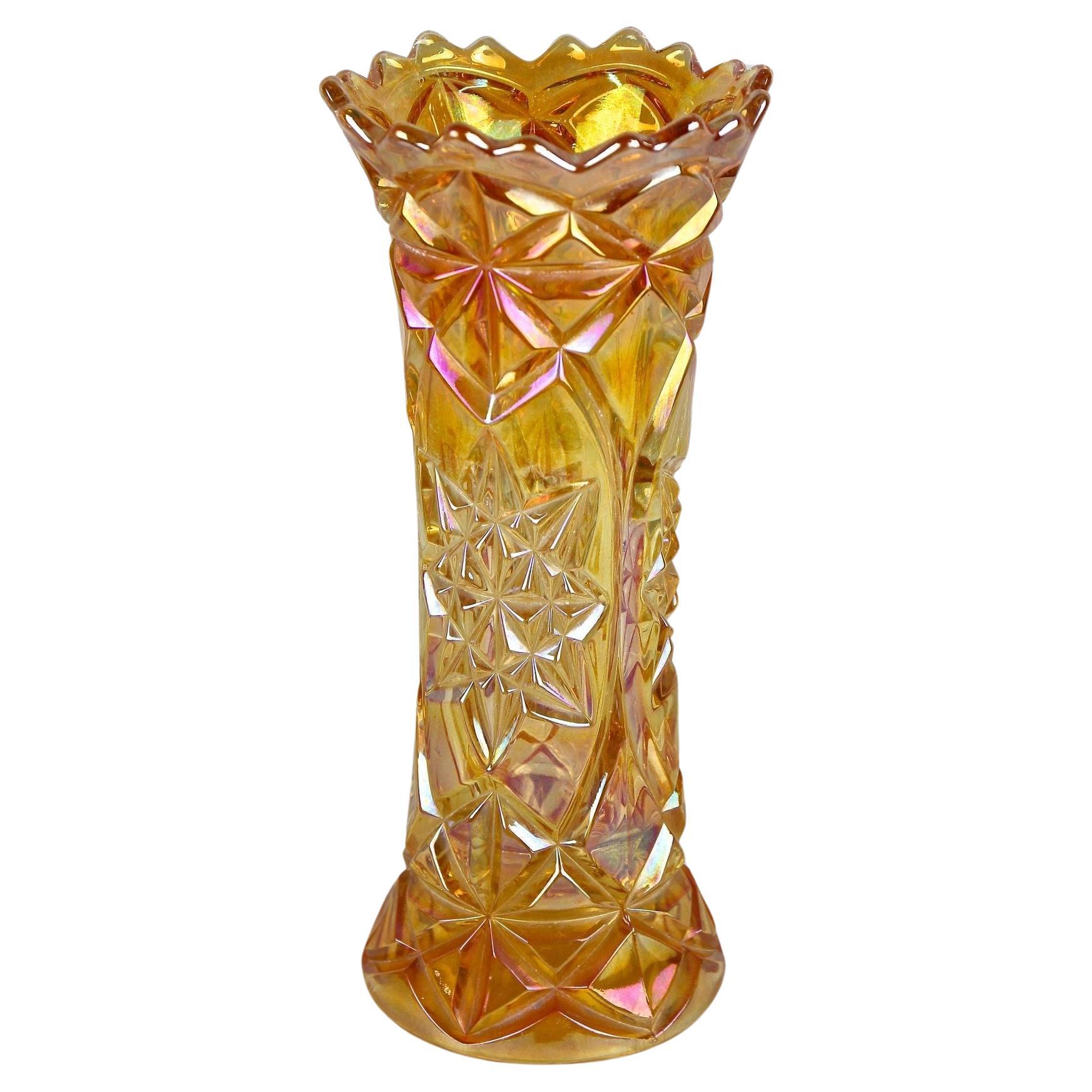 Amber Colored Art Deco Glass Vase - Iridescent, Bohemia circa 1920 For Sale